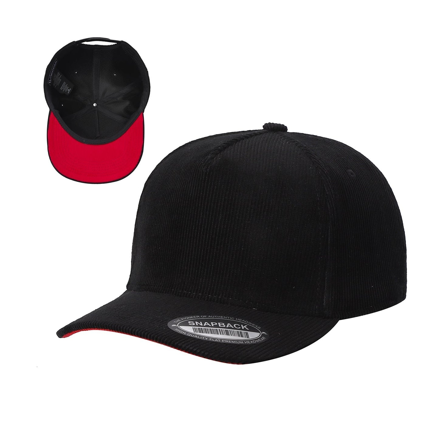 Waycap 5FC black corduroy baseball cap with red brim and snapback closure.
