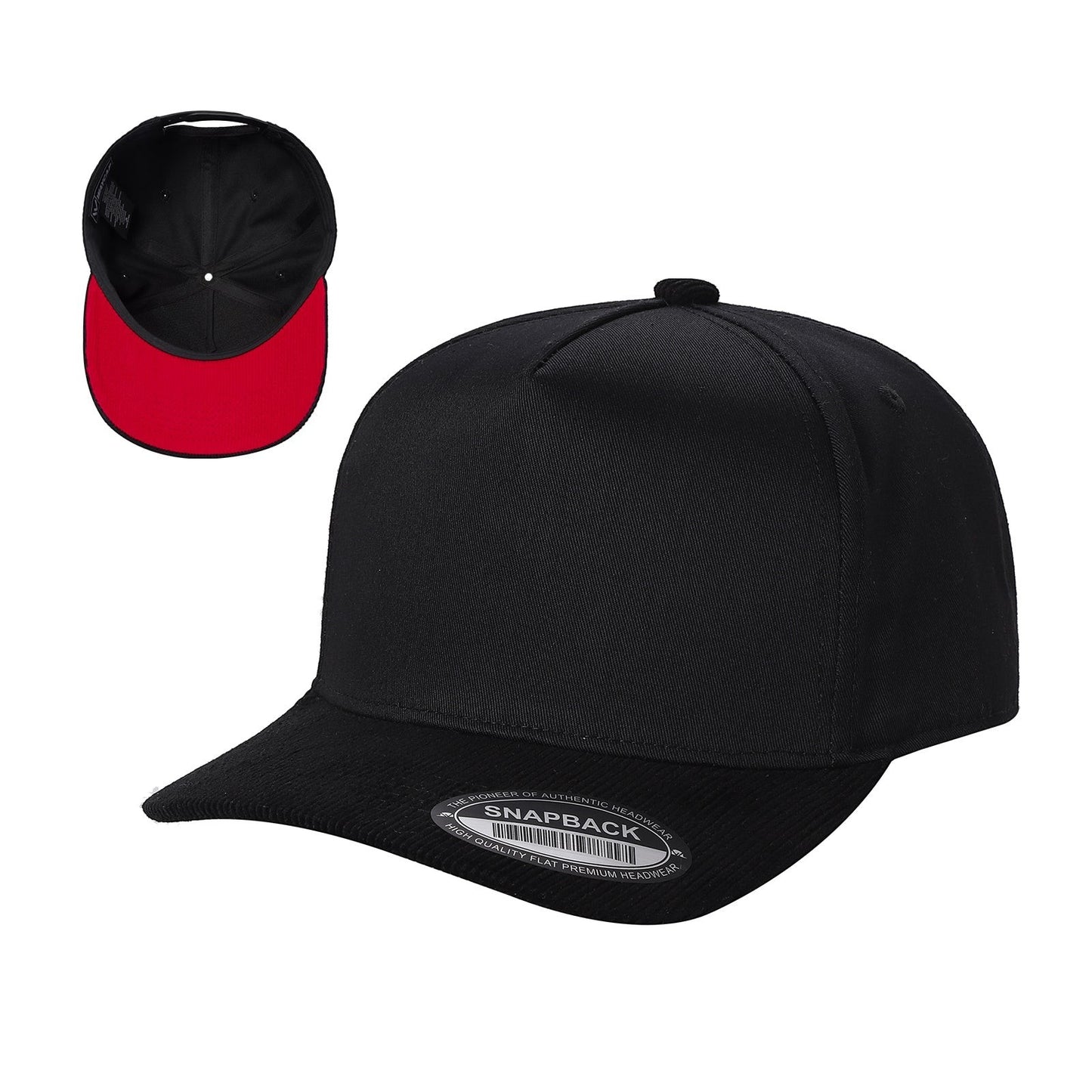 Waycap Corduroy Bill black snapback cap with flat brim and red underside. Adjustable strap.