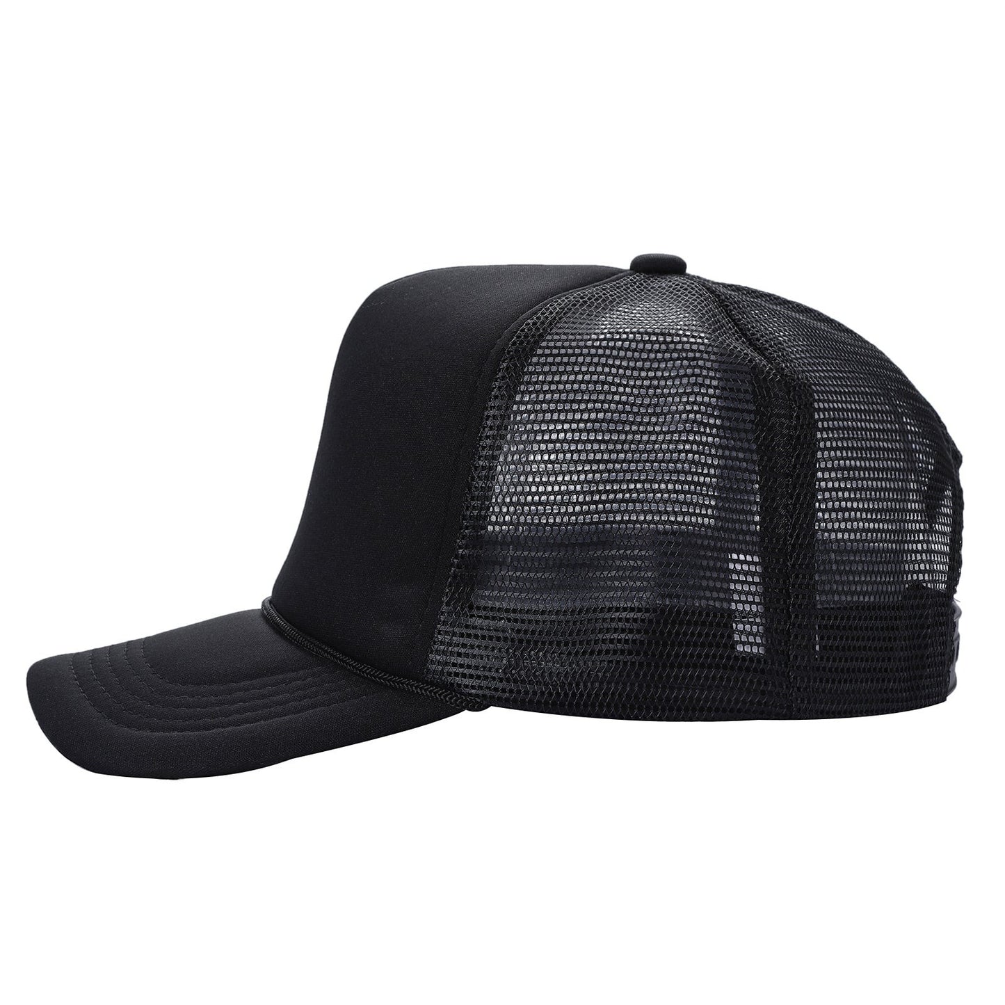 Waycap sponge foam trucker hat in black with mesh back and adjustable snapback closure.