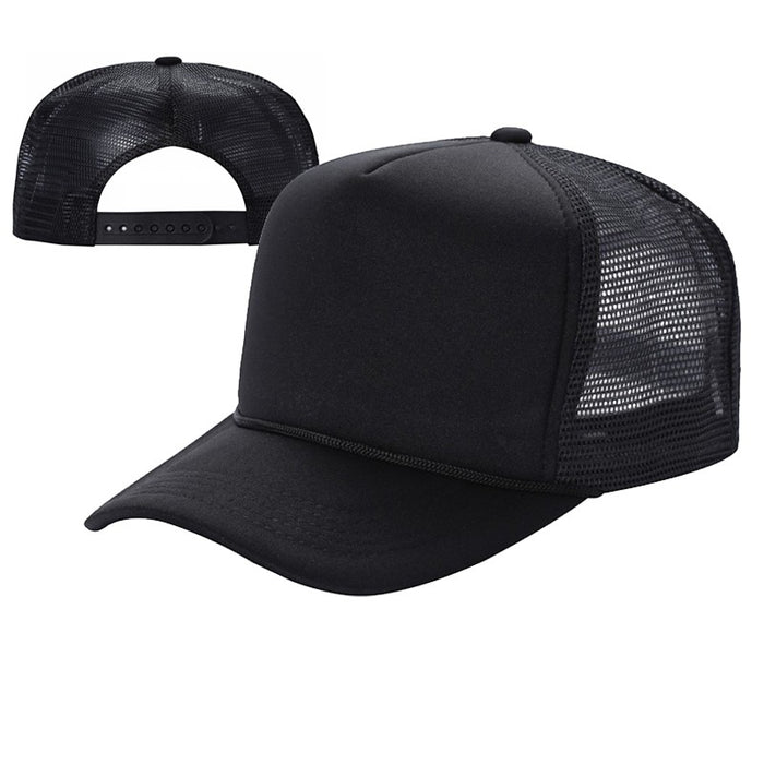 Waycap sponge foam trucker hat with mesh back and adjustable snapback closure in black
