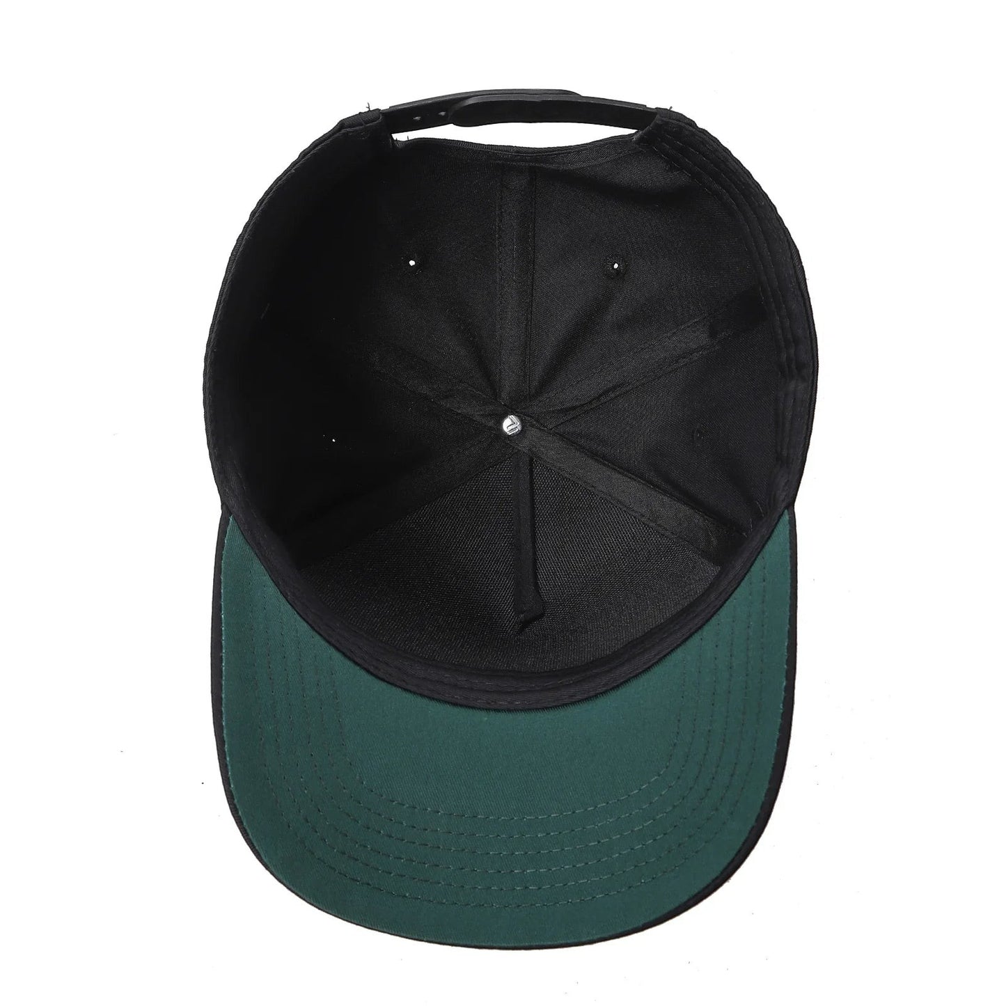 Waycap 5-panel snapback cap with black crown and green brim. Made from 35% cotton and 65% polyester.