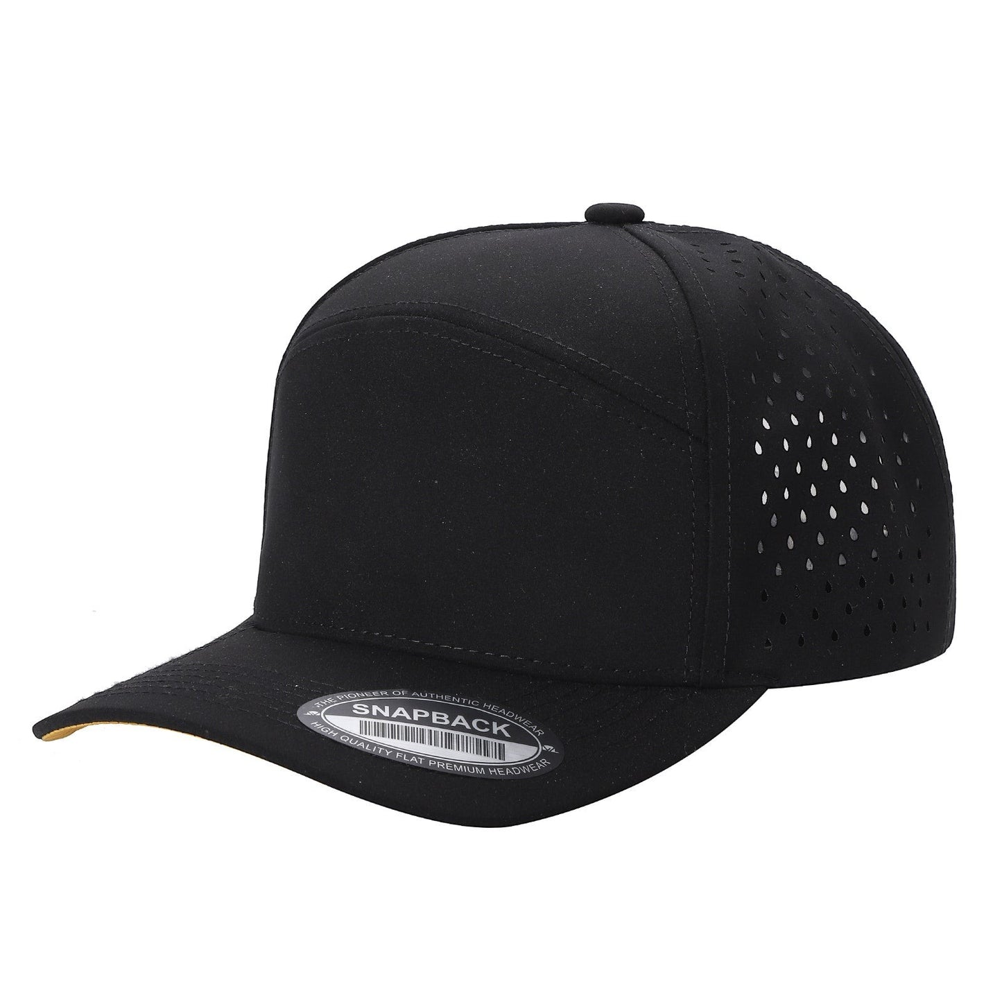 Waycap 6WP black six-panel snapback hat with laser-cut perforations on sides and back for ventilation, flat brim.