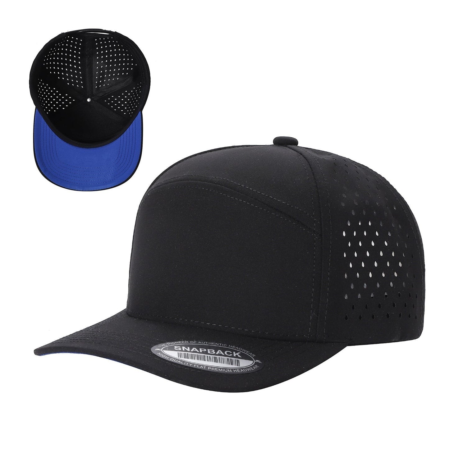Waycap 6WP black six-panel snapback hat with laser-cut vents and blue brim. Adjustable closure.