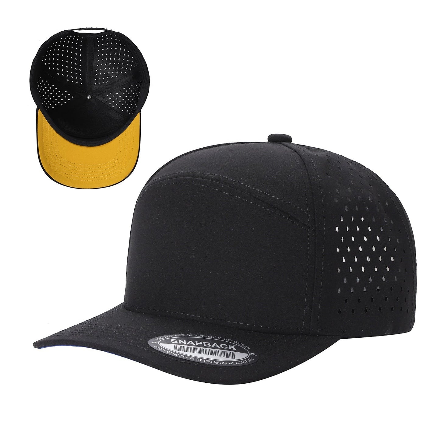 Waycap 6WP black six-panel snapback hat with laser-cut vents and yellow underbrim.