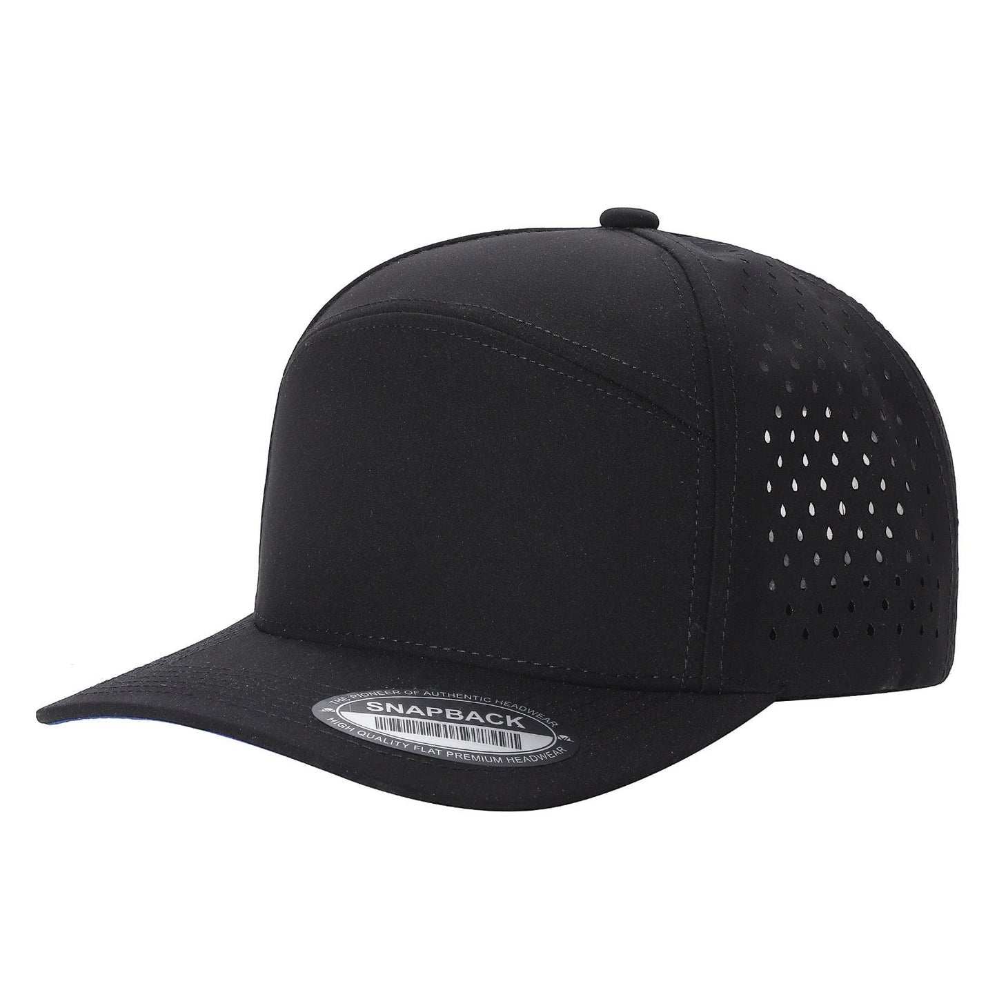Waycap 6WP black six-panel snapback hat with laser-cut perforations on sides and back for breathability.