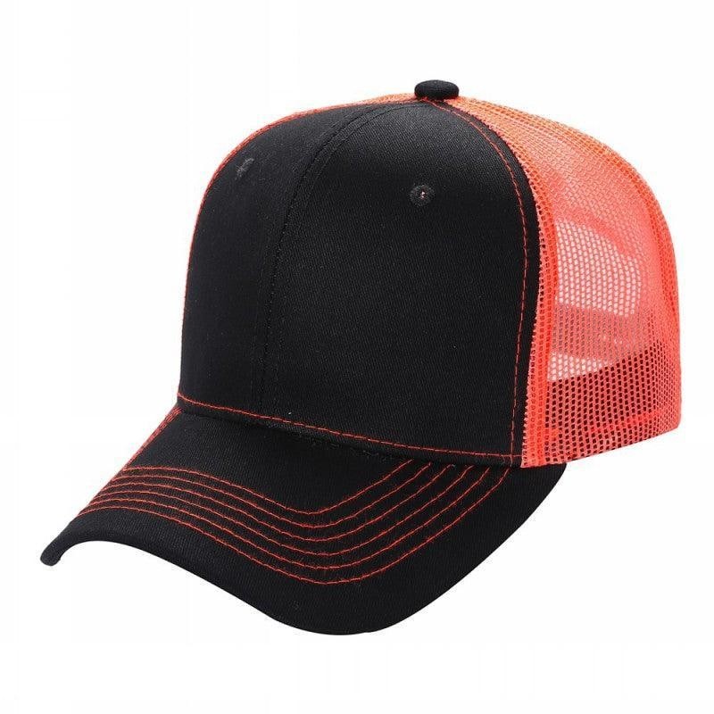 Waycap 6 Panel Curve Trucker Mesh Hat in black with orange mesh back and orange stitching on brim.
