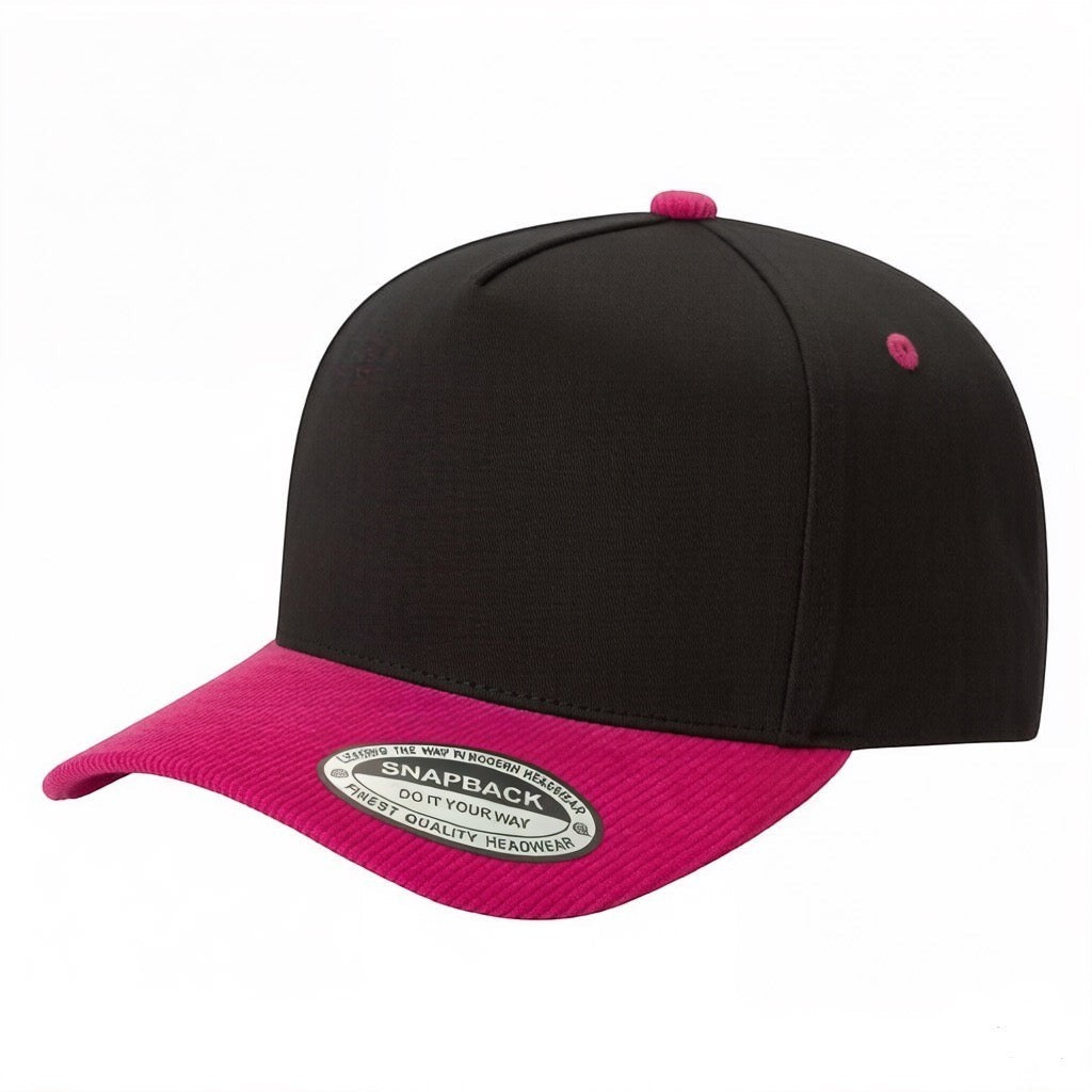 Waycap TCFC Corduroy Bill snapback cap in black with a vibrant pink corduroy flat brim and matching pink button detail.