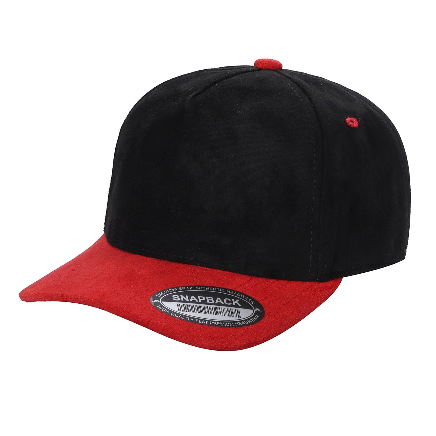 Waycap 5SUEDE black and red suede snapback hat with flat brim and adjustable strap.