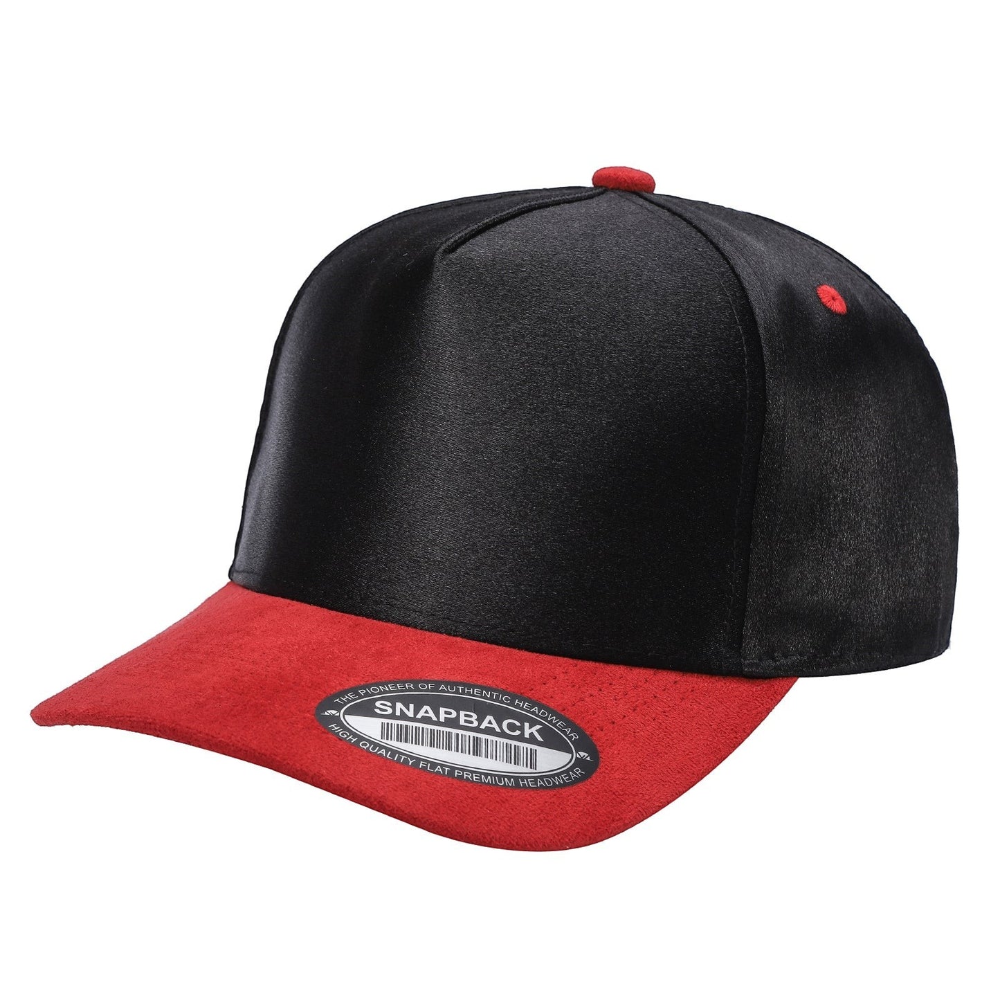 Waycap SNAPCKS - Black satin crown snapback cap with a red suede bill and red button accent. Adjustable fit.