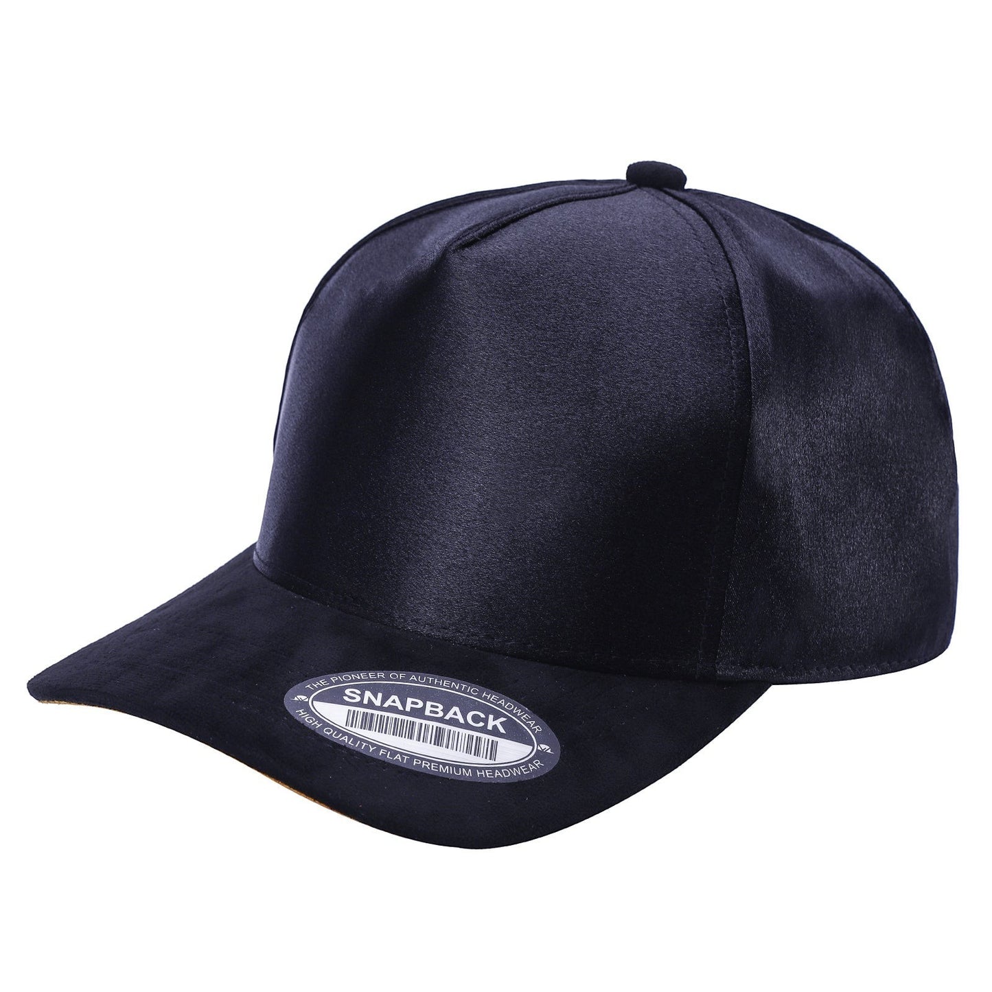 Waycap SNTCSTS black satin snapback cap with suede bill and adjustable strap. Urban style headwear.
