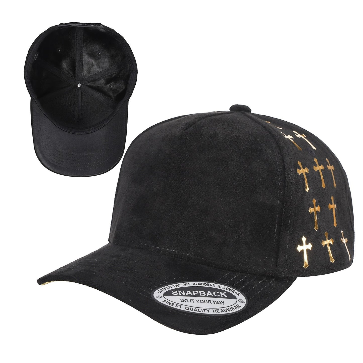 Waycap 5 Panel Suede Satin Gilding Cap in black with gold cross detail on side panels. Snapback style.