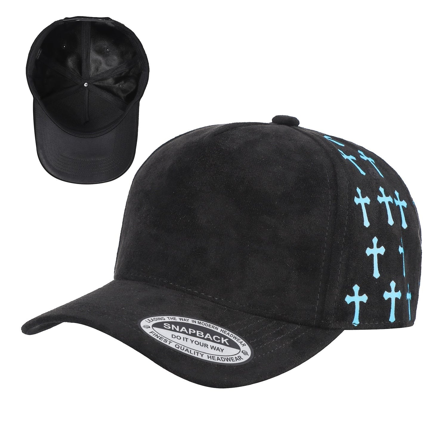 Waycap 5 Panel Suede Satin Gilding Cap in black with blue cross pattern on side panels. Snapback design.