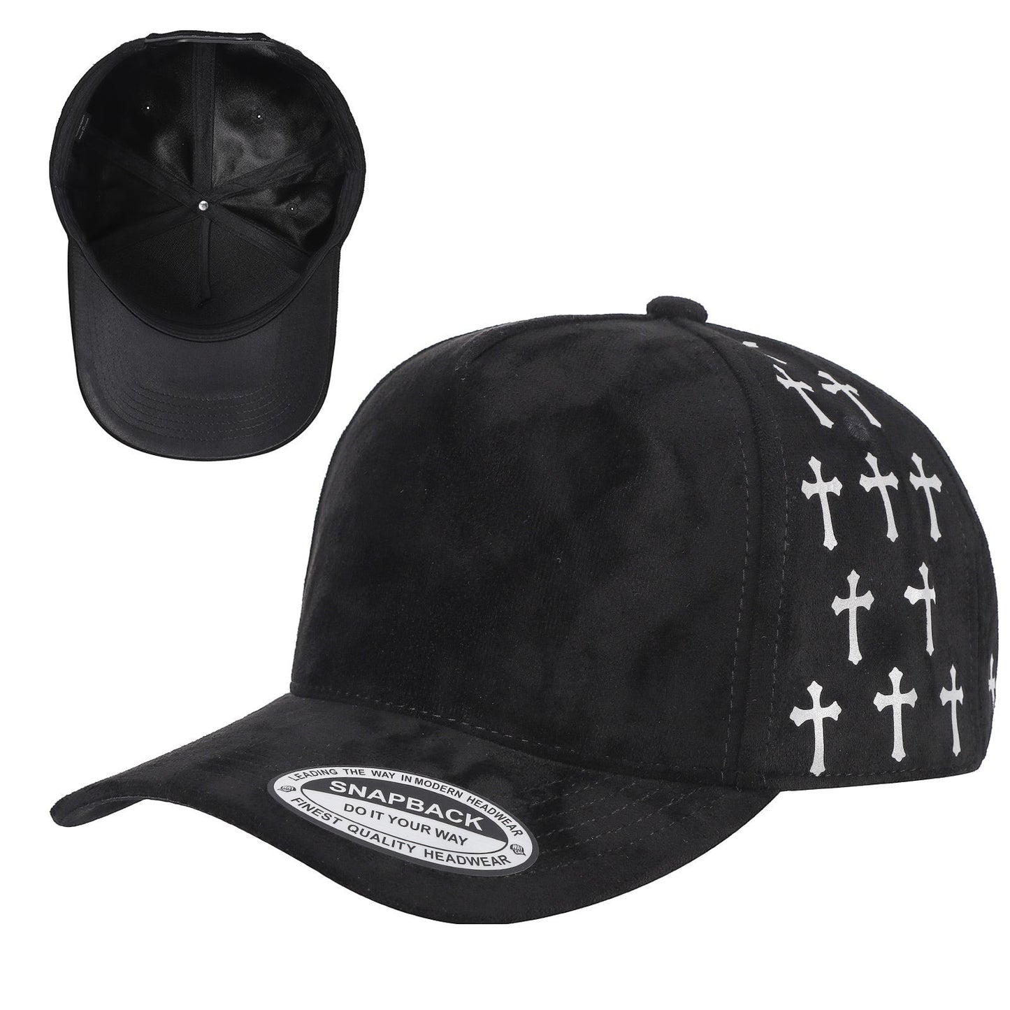 Waycap 5 Panel Suede Satin Gilding Cap in black with white cross pattern on side panels. Snapback style.