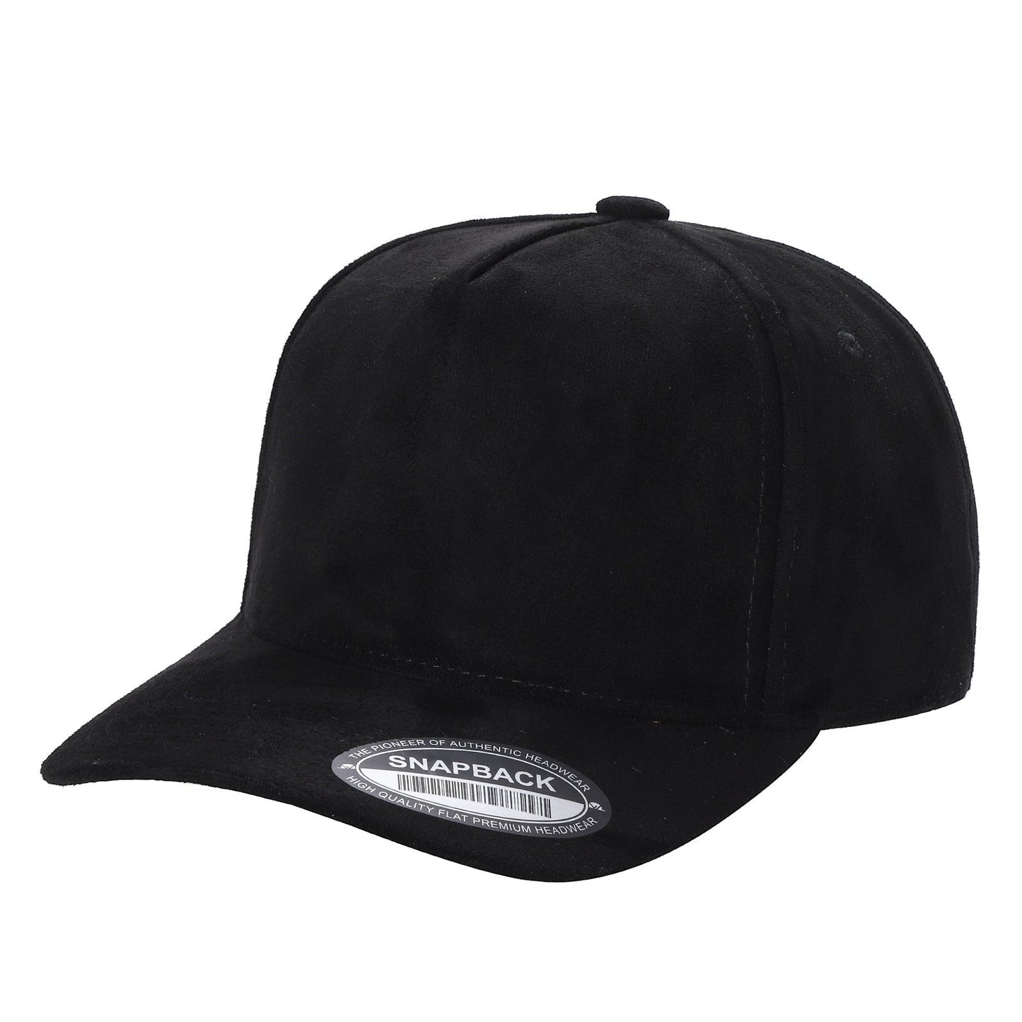 Waycap 5SUEDE black suede snapback hat with flat brim and adjustable strap. Classic, premium headwear.