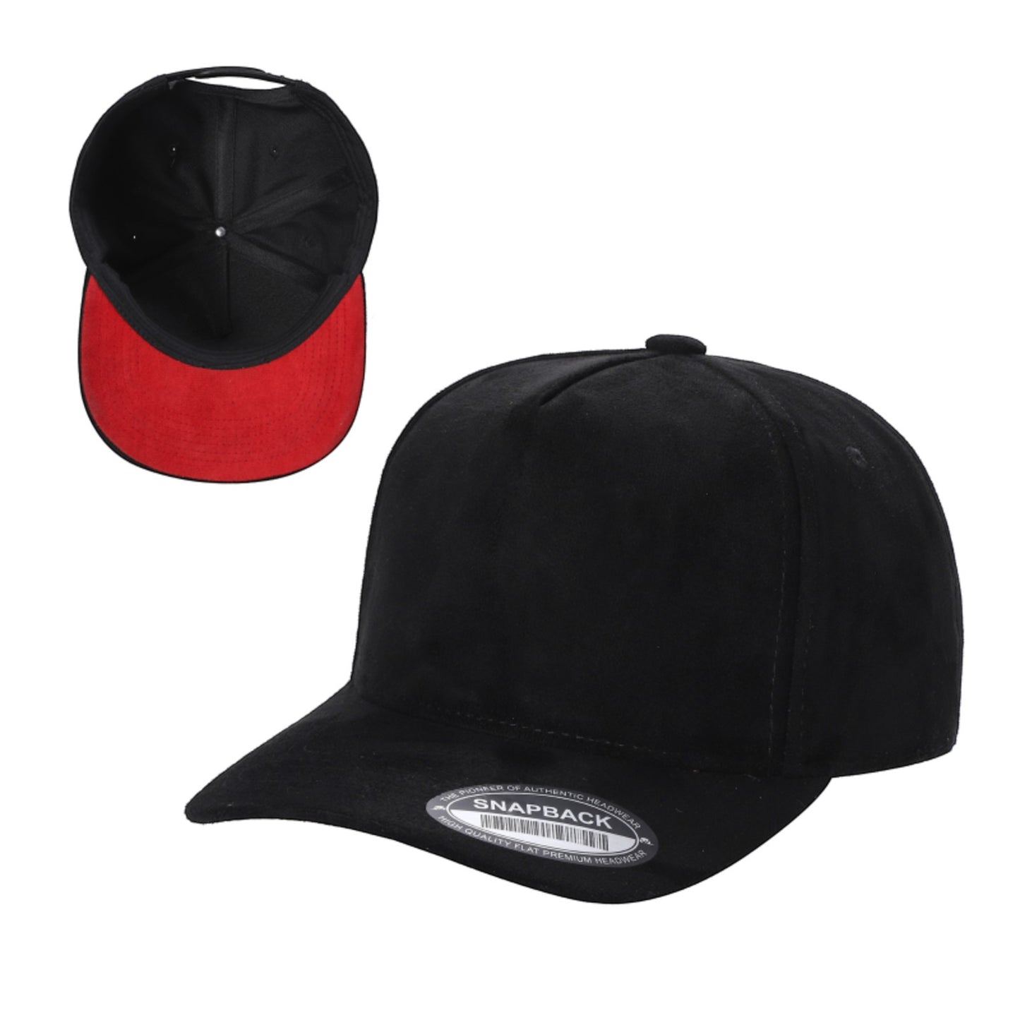 Waycap 5SUEDE black suede snapback hat with red underbrim and adjustable strap.