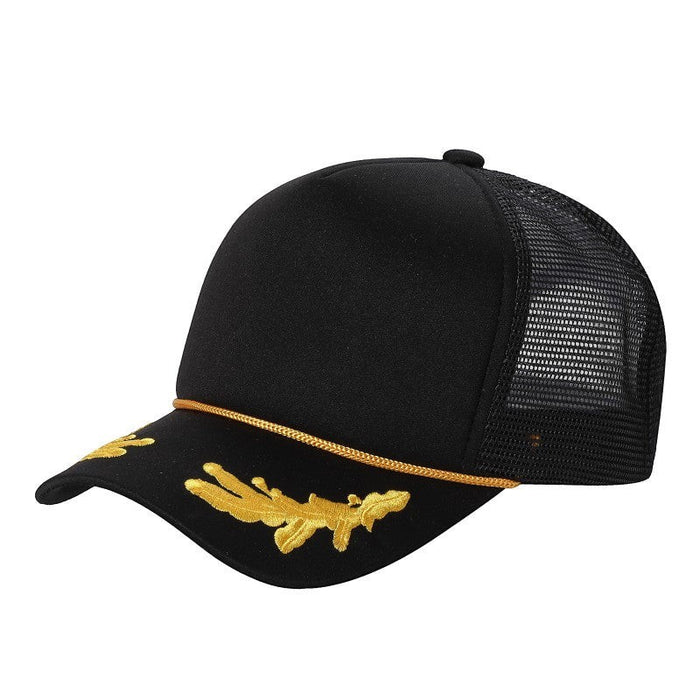 Waycap Sponge Captain black trucker hat with gold embroidery on brim and mesh back
