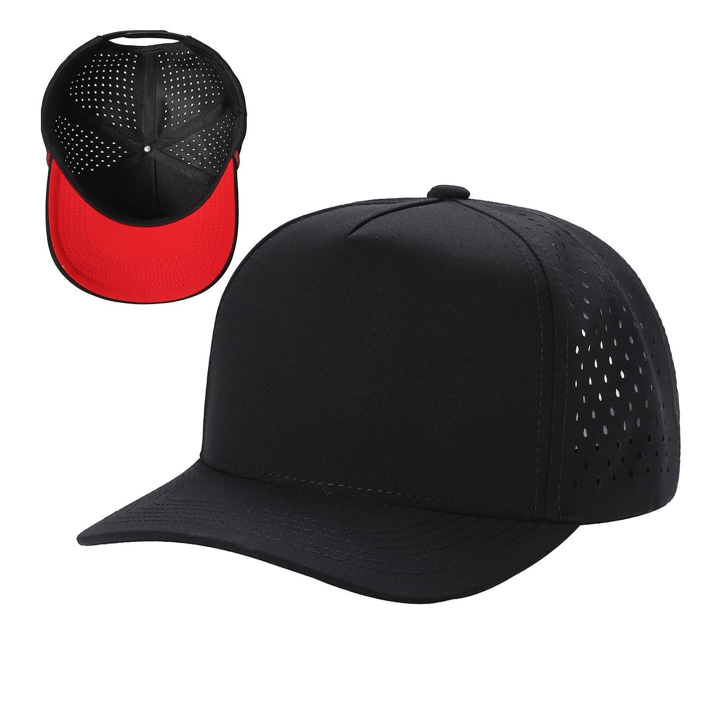 Waycap 5LASER black 5-panel waterproof baseball cap with perforated side panels and red lining.