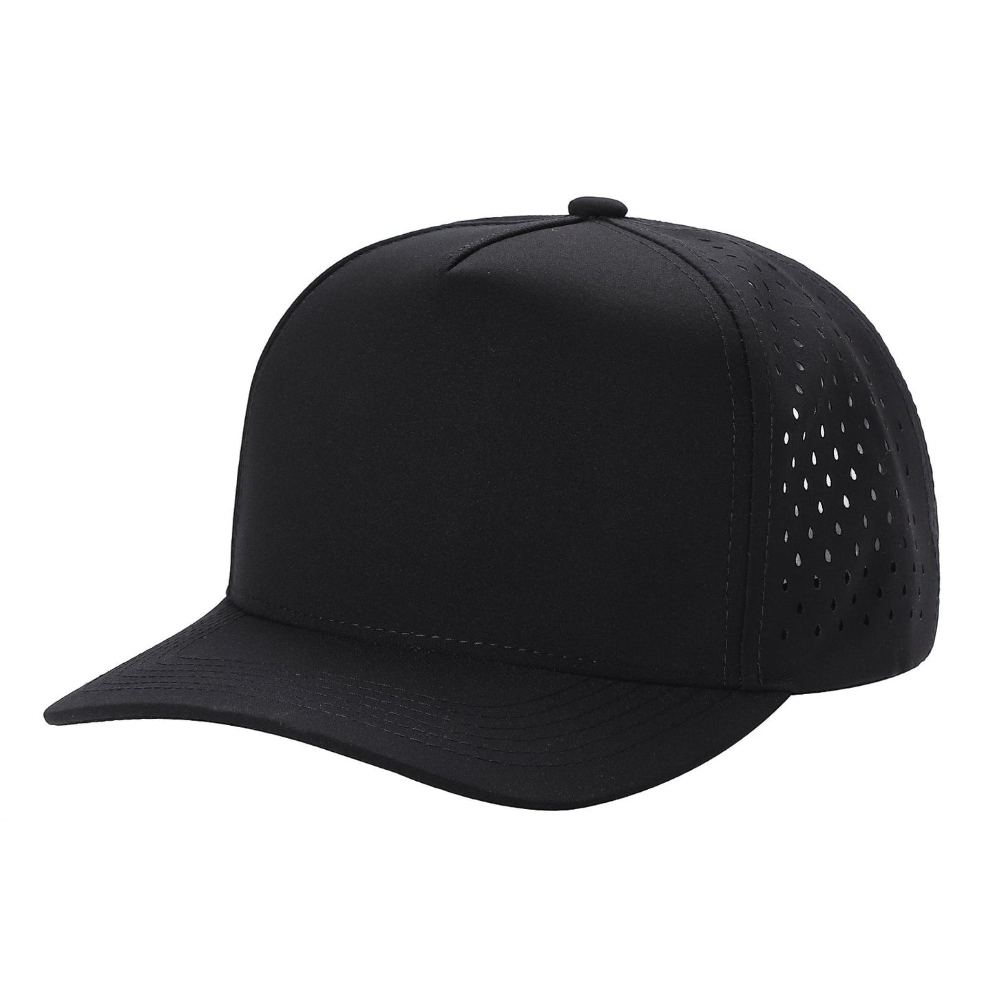 Waycap 5LASER black 5-panel waterproof baseball hat with perforated side panels and flat brim.