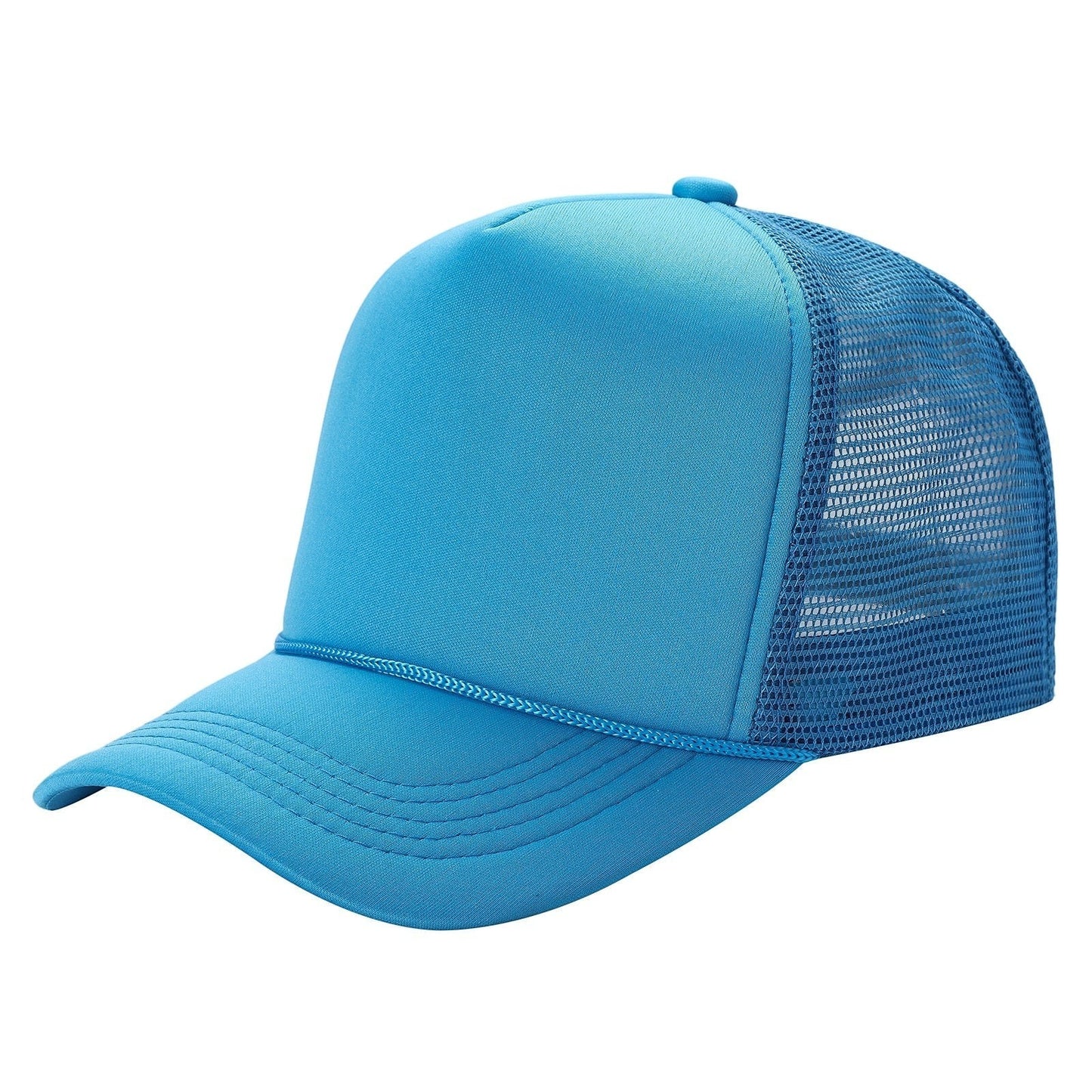Waycap Sponge trucker hat in bright blue with foam front panel and mesh back. Features a rope detail across the brim and an adjustable snapback closure.
