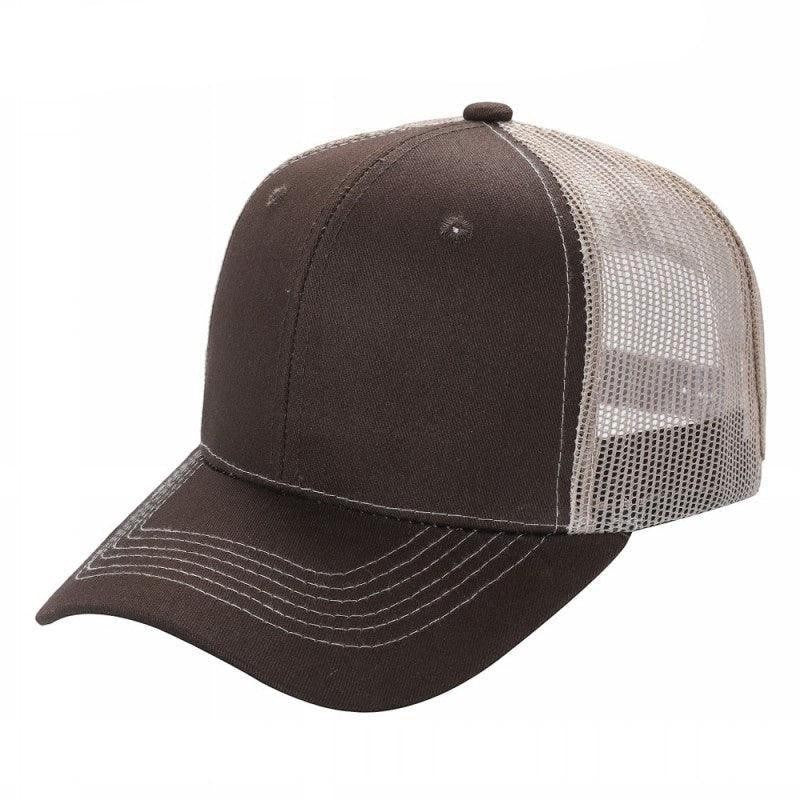 Waycap 6 Panel Curve Trucker Mesh Hat in brown with a beige mesh back and curved brim.