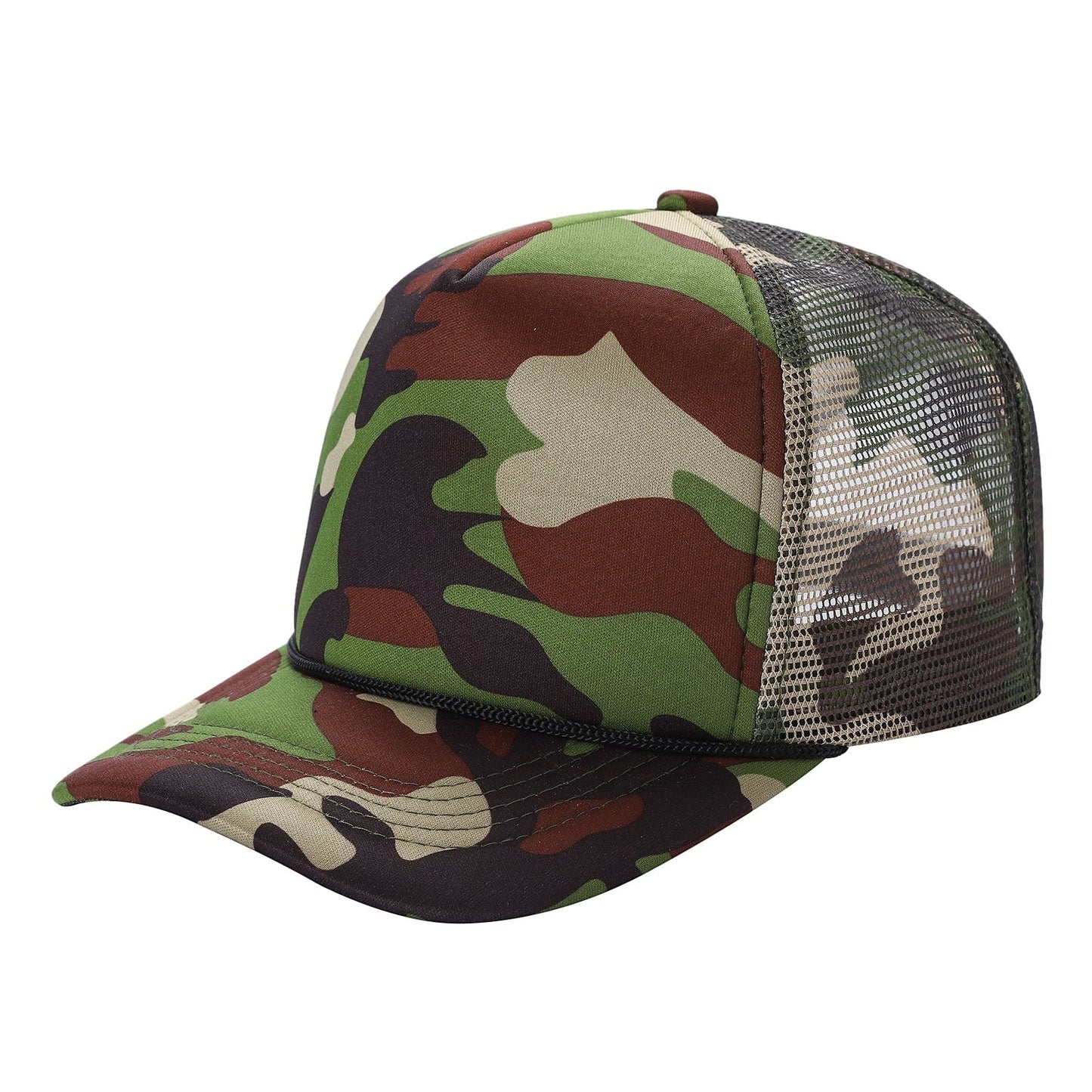 Waycap CAMO trucker hat with foam front panel and mesh back for breathability. Adjustable snapback closure.
