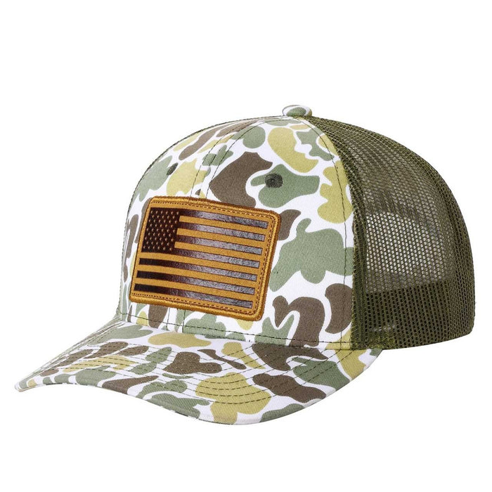 Waycap TCC Camo Hat with embroidered American flag patch and breathable mesh back. Earthy tones camouflage pattern.