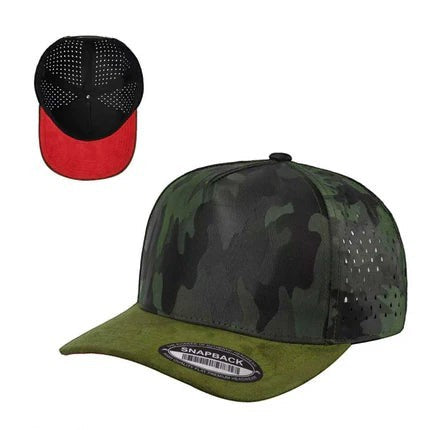 Waycap CAMO Suede Laser snapback cap with green suede brim and laser-cut camouflage pattern on crown. Perforated side panels for breathability.