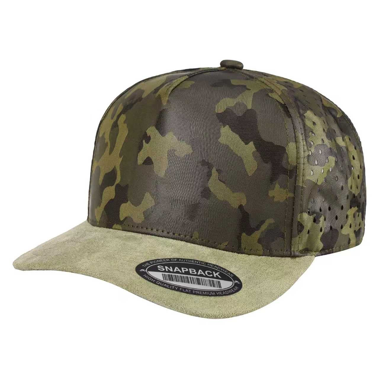 Waycap Camo Suede Laser snapback cap with green camouflage pattern, suede brim, and perforated side panels.
