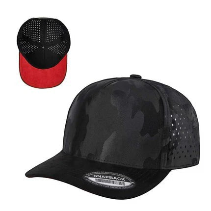 Waycap CAMO Suede Laser snapback cap with black camouflage pattern, suede brim, and perforated side panels.