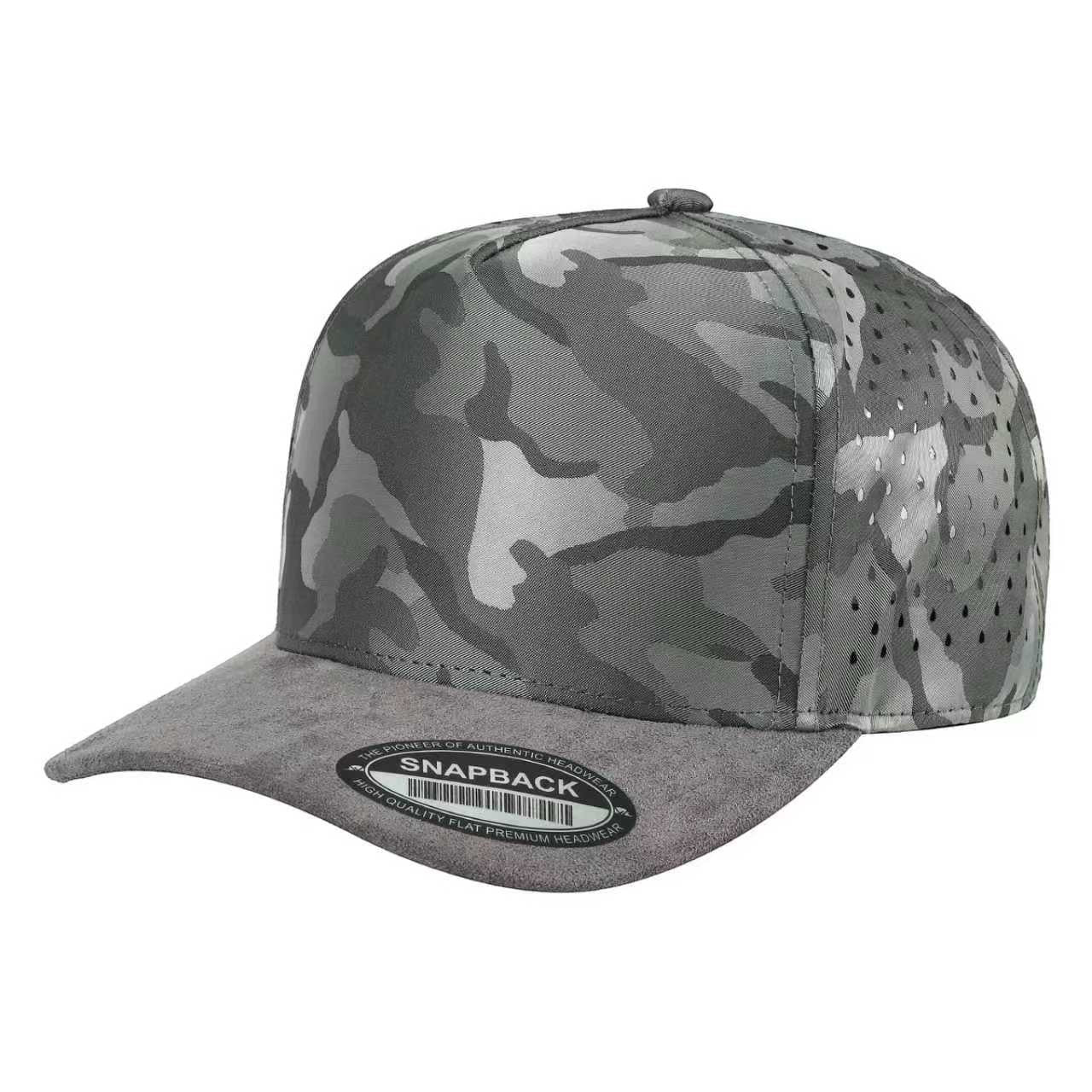 Waycap CAMO Suede Laser snapback cap with perforated side panels and grey camouflage pattern.