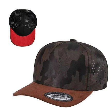 Waycap CAMO suede laser snapback cap with perforated sides and a contrast red lining. Brown and black camouflage pattern.