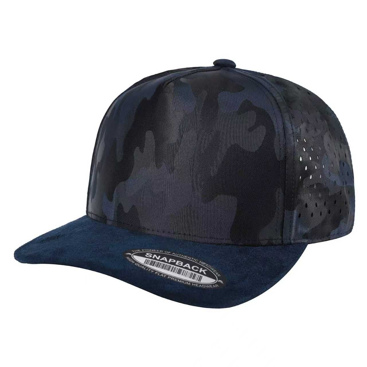 Waycap TC Camo Suede Laser snapback cap with navy blue suede brim and laser-cut camouflage pattern on crown.