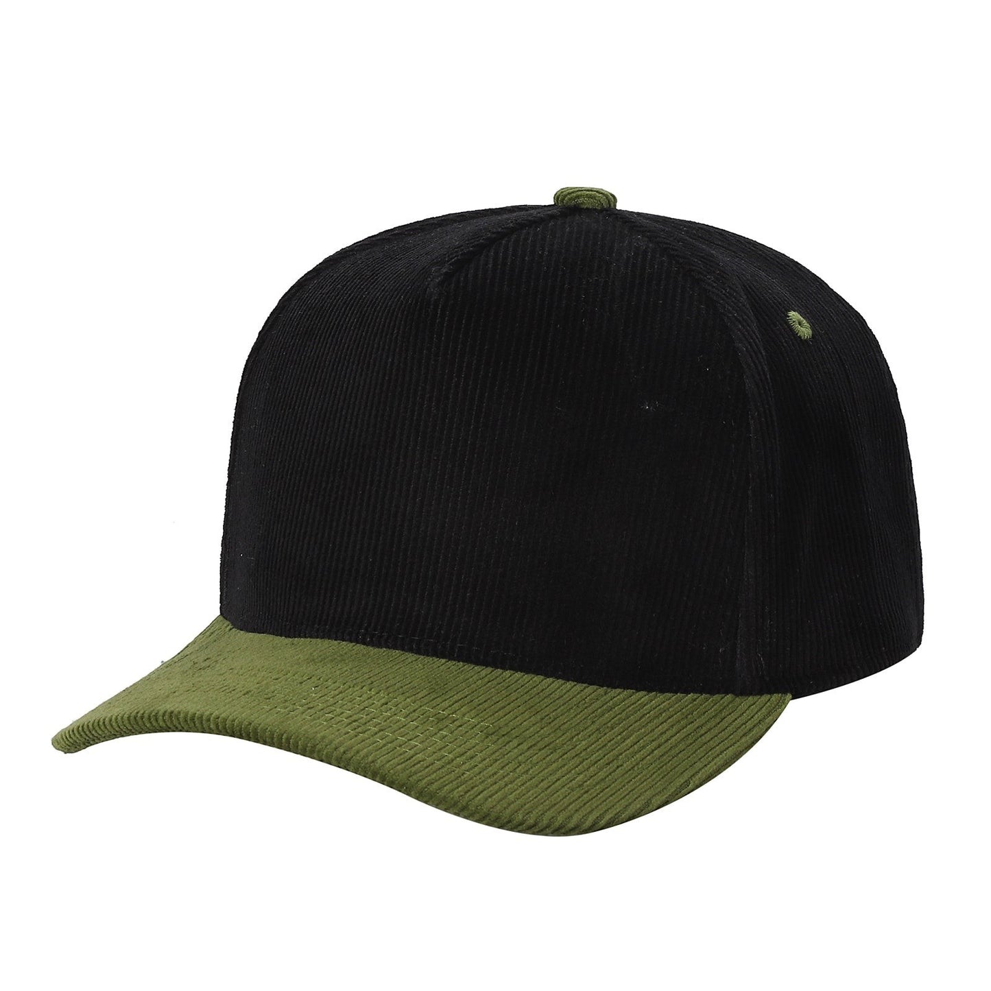 Waycap 5FC All Corduroy baseball cap in black with a green brim and button. Features a classic snapback closure and textured corduroy fabric.