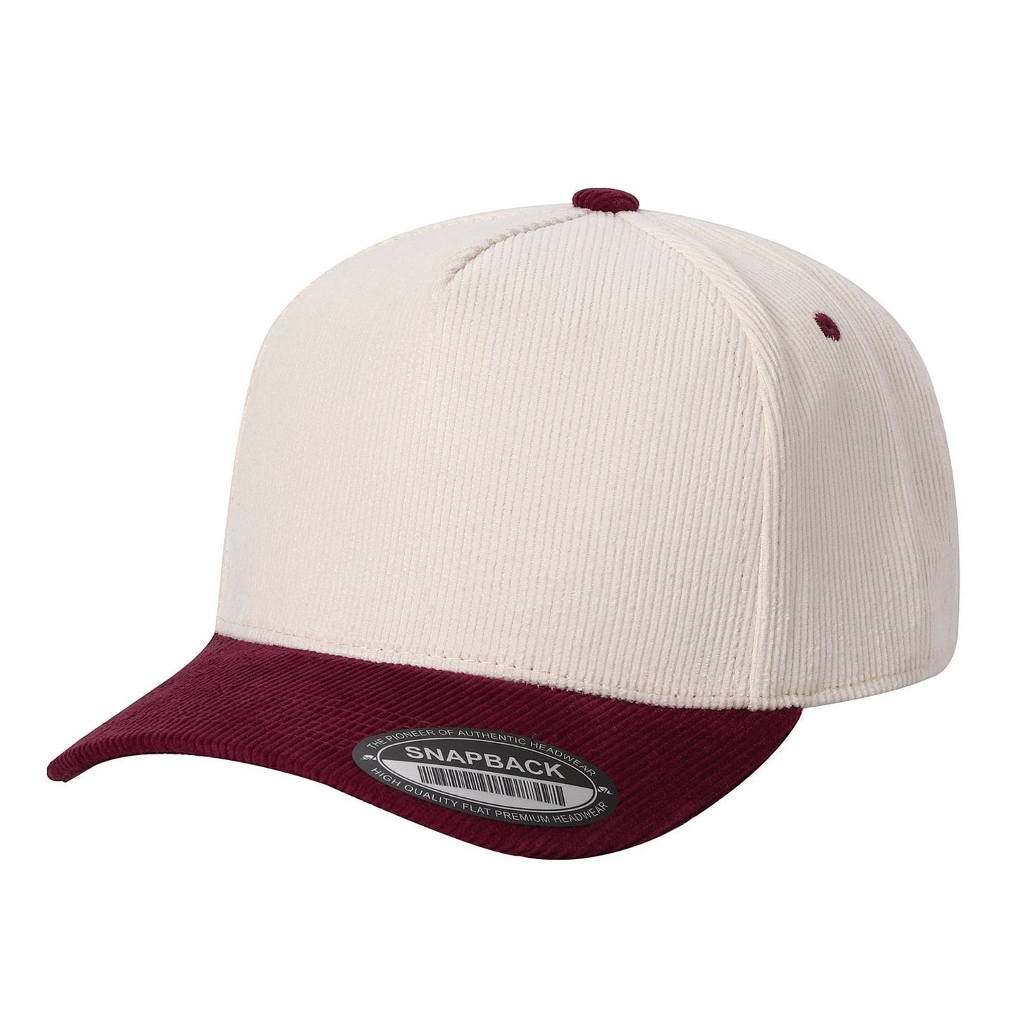 Waycap 5FC All Corduroy baseball cap in cream with a burgundy brim and button. Features a classic snapback closure.
