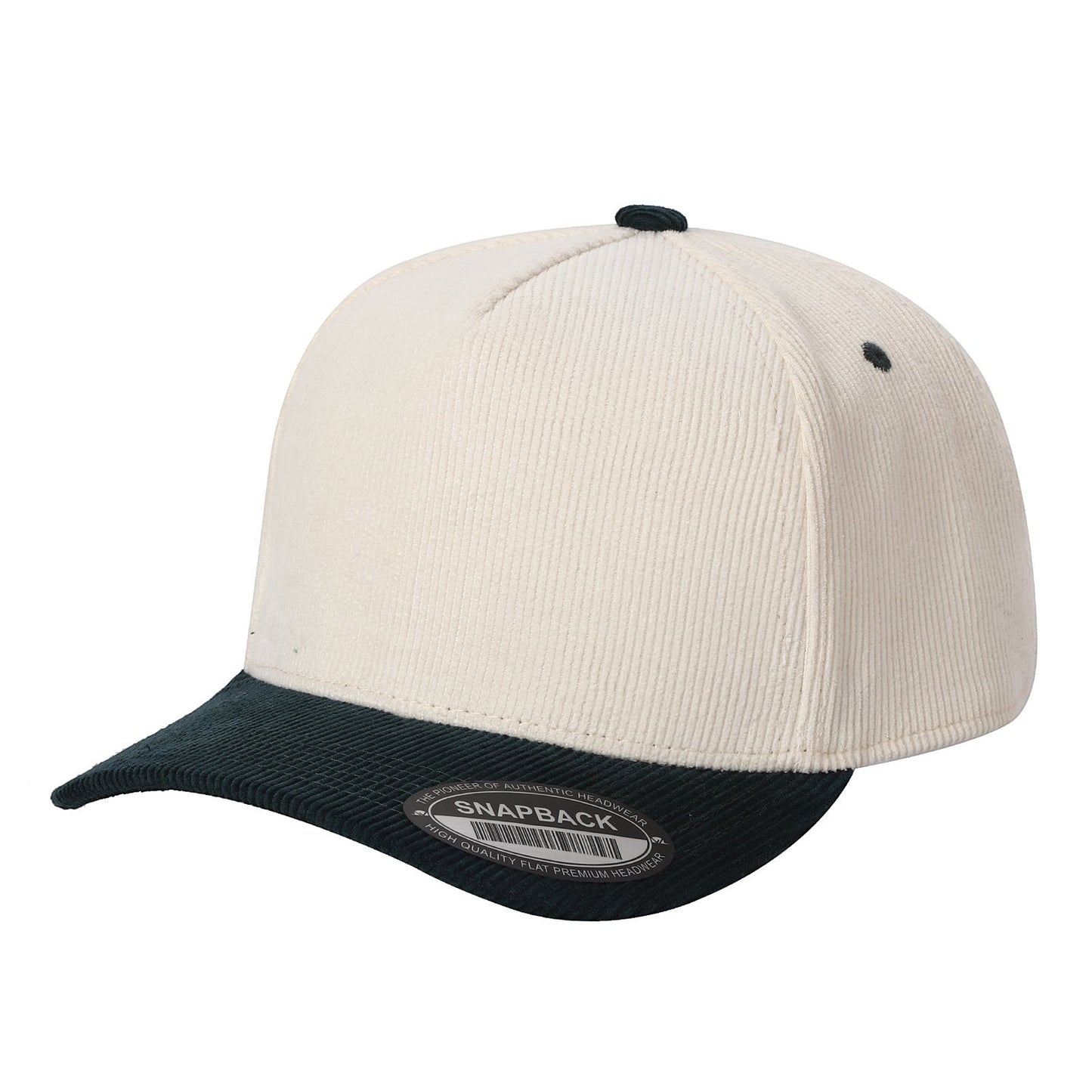 Waycap 5FC All Corduroy baseball cap in cream and dark green with snapback closure.