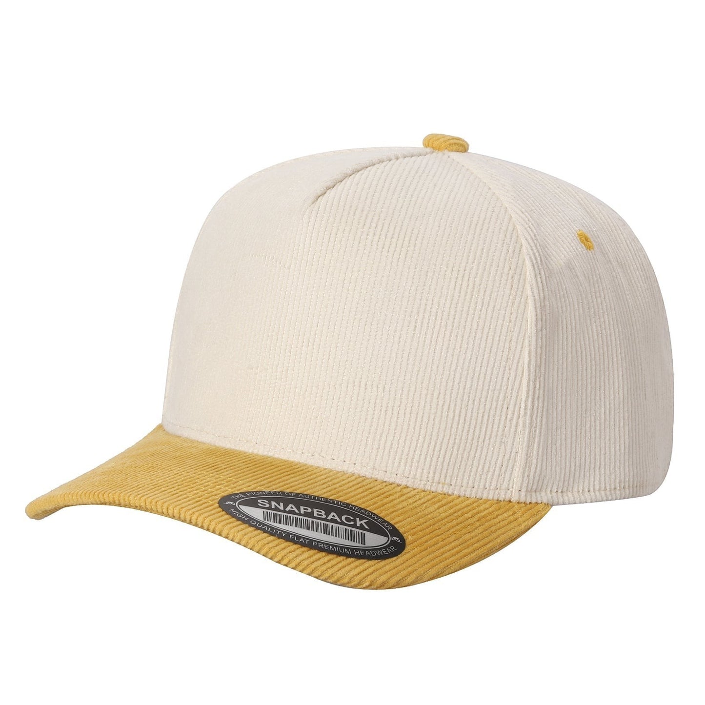 Waycap 5FC All Corduroy baseball cap in cream and mustard yellow with snapback closure.