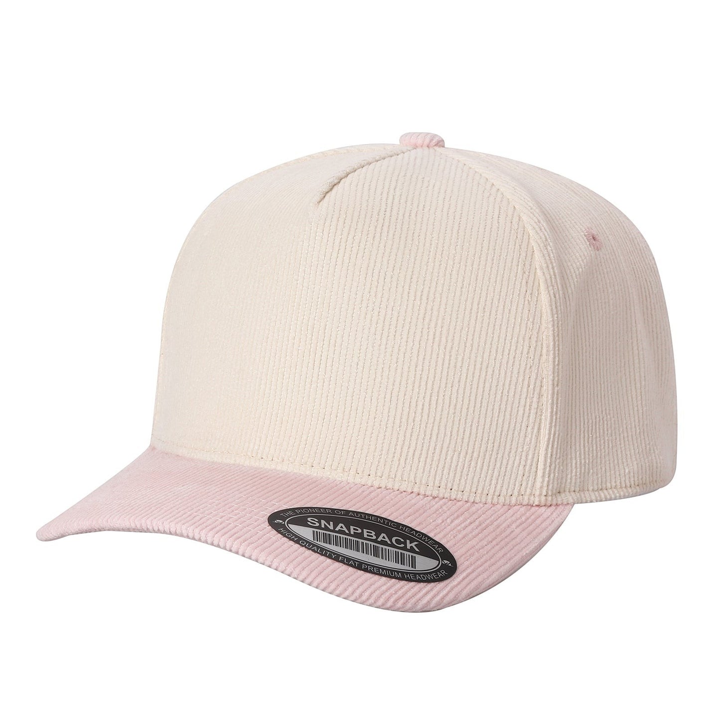 Waycap 5FC All Corduroy baseball cap in cream with pink brim and snapback closure. Textured corduroy fabric.
