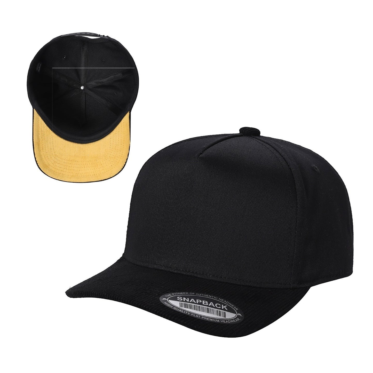 Waycap Corduroy Bill black snapback cap with a flat brim and contrasting yellow corduroy bill. Adjustable snapback closure.