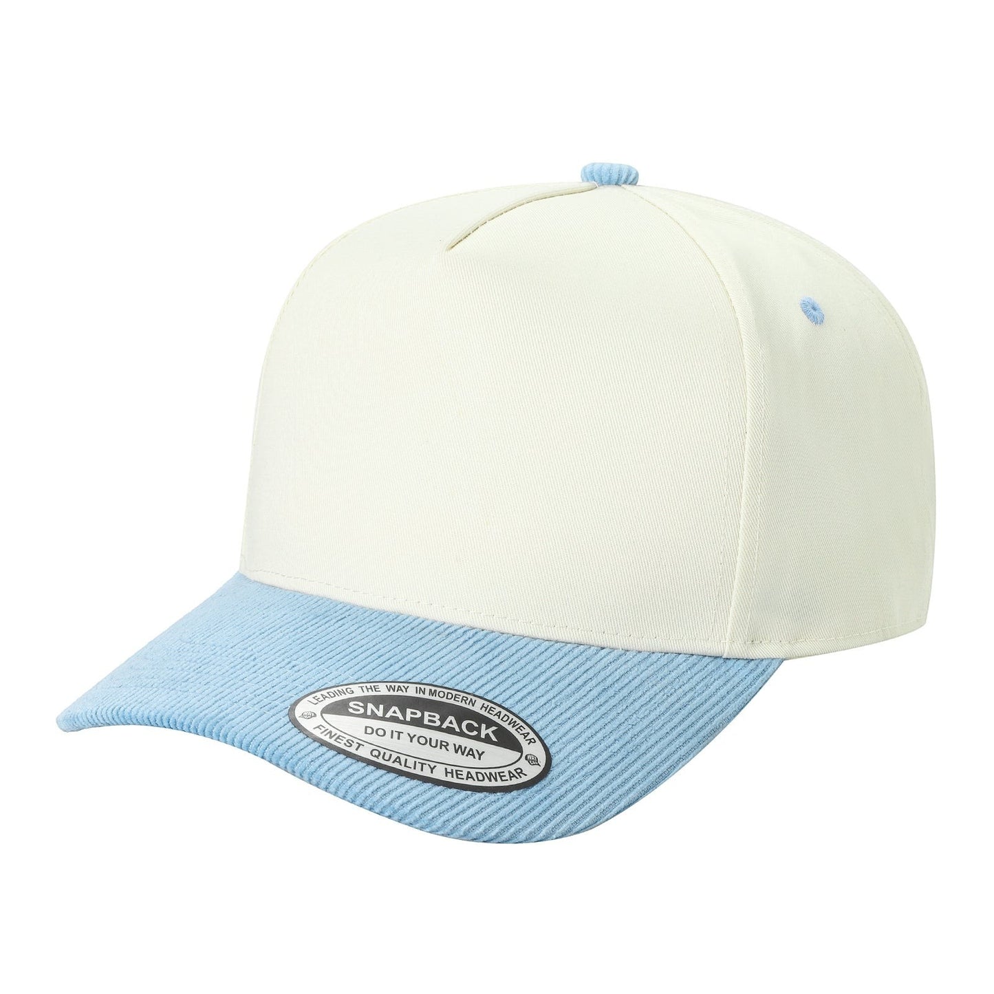 Waycap TCFC Corduroy Bill cap in cream with a light blue corduroy bill and button accent. Flat brim snapback style.
