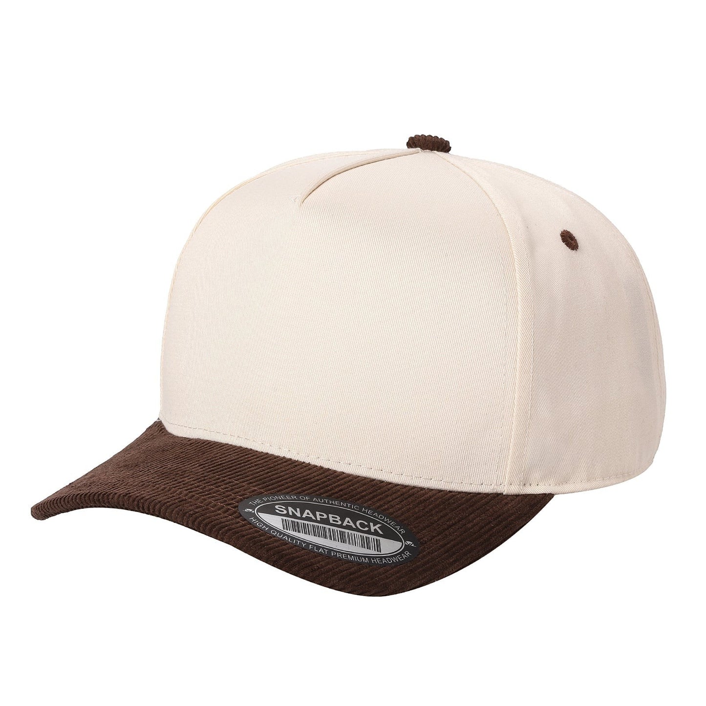 Waycap TCFC Corduroy Bill cap in cream with a brown corduroy flat brim and button detail.