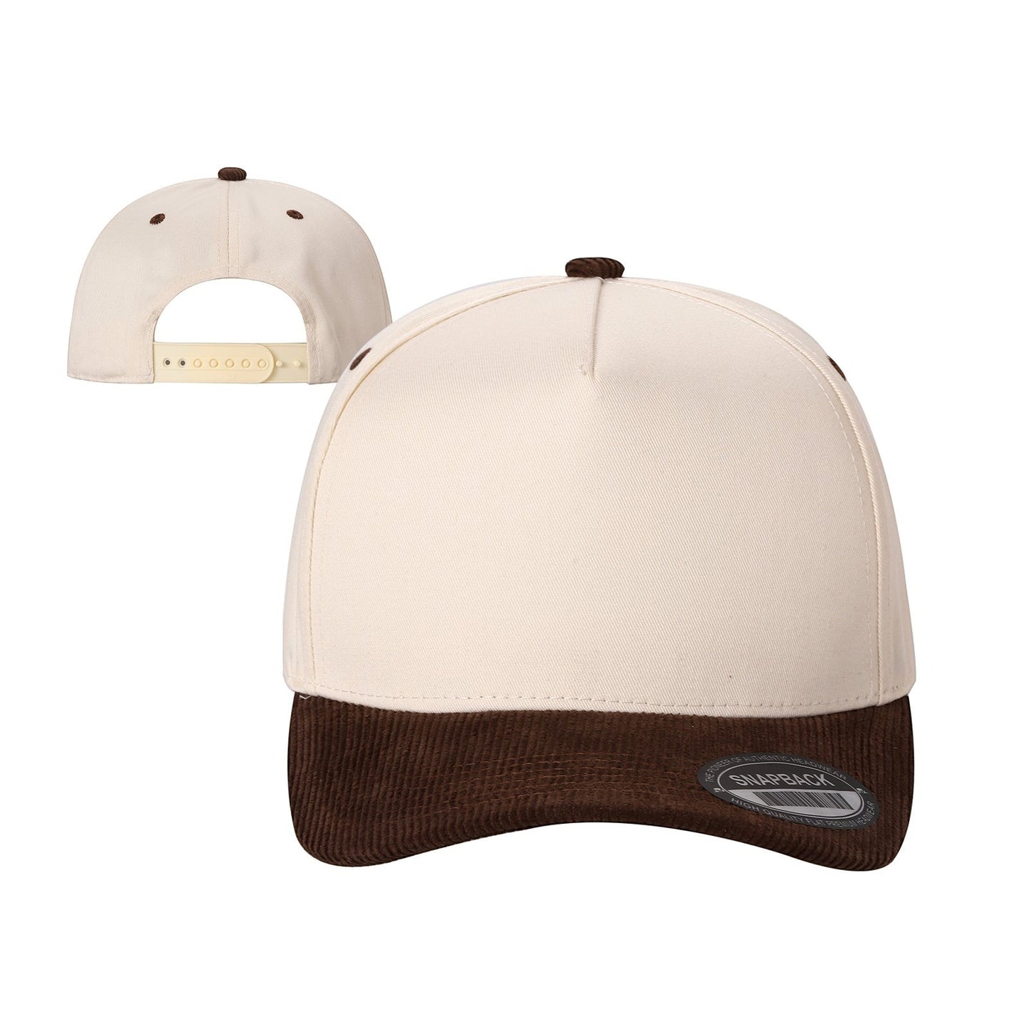 Waycap Corduroy Bill cap in cream with a dark brown corduroy bill and button details. Features a flat brim and adjustable snapback.