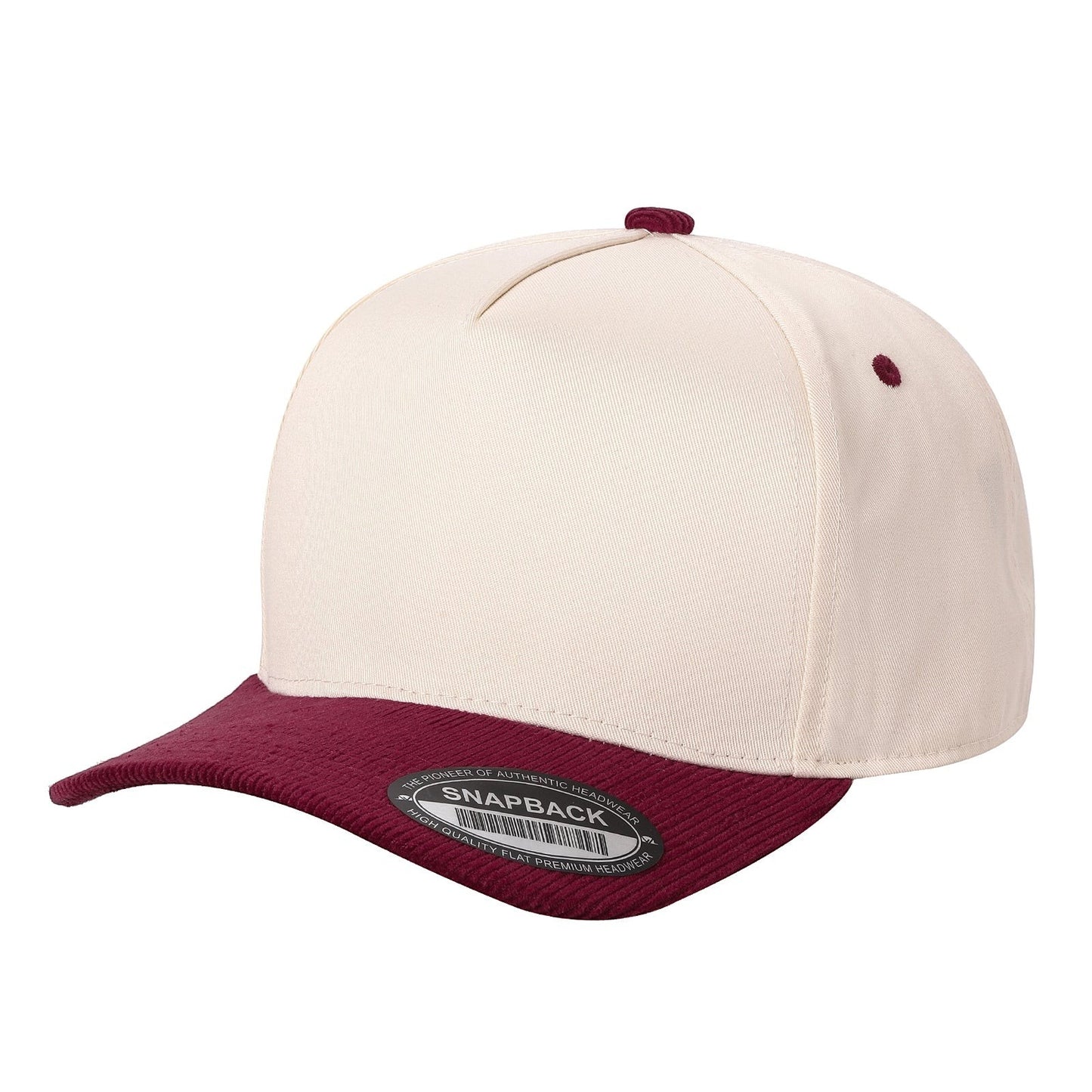 Waycap TCFC Corduroy Bill cap in cream with a burgundy corduroy bill and button. Flat brim snapback style.