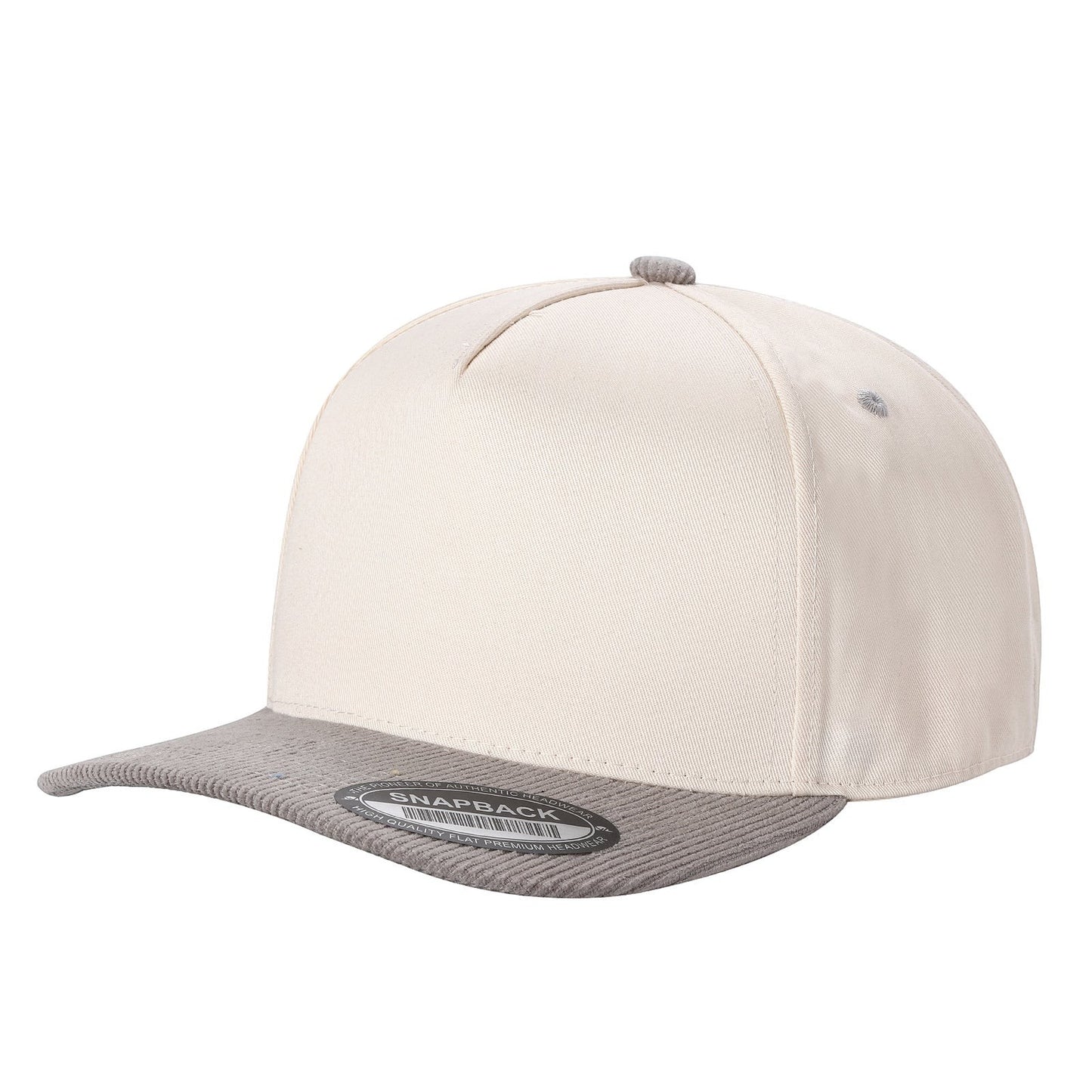 Waycap Corduroy Bill cap in cream with a grey corduroy flat brim and button detail. Adjustable snapback.