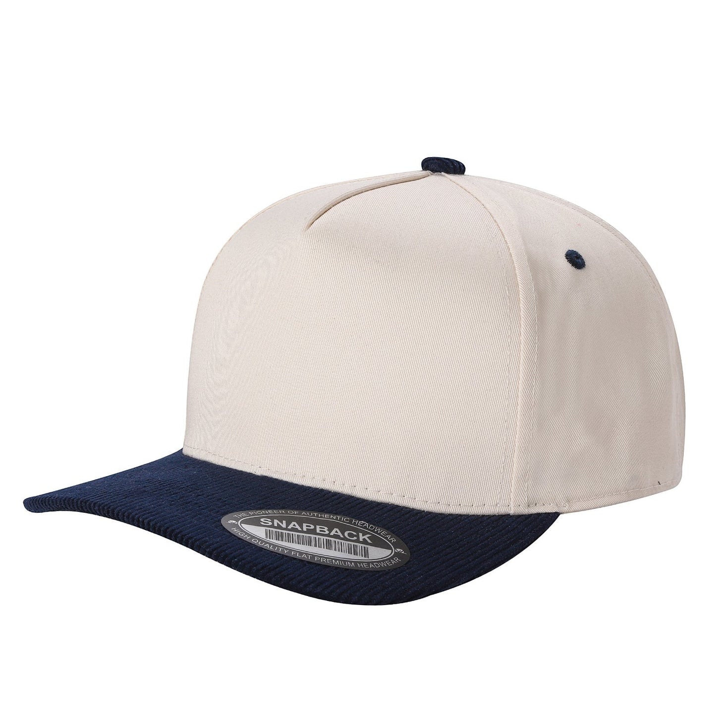 Waycap CORDOY BILL cream and navy snapback cap with flat brim and corduroy texture on the bill.