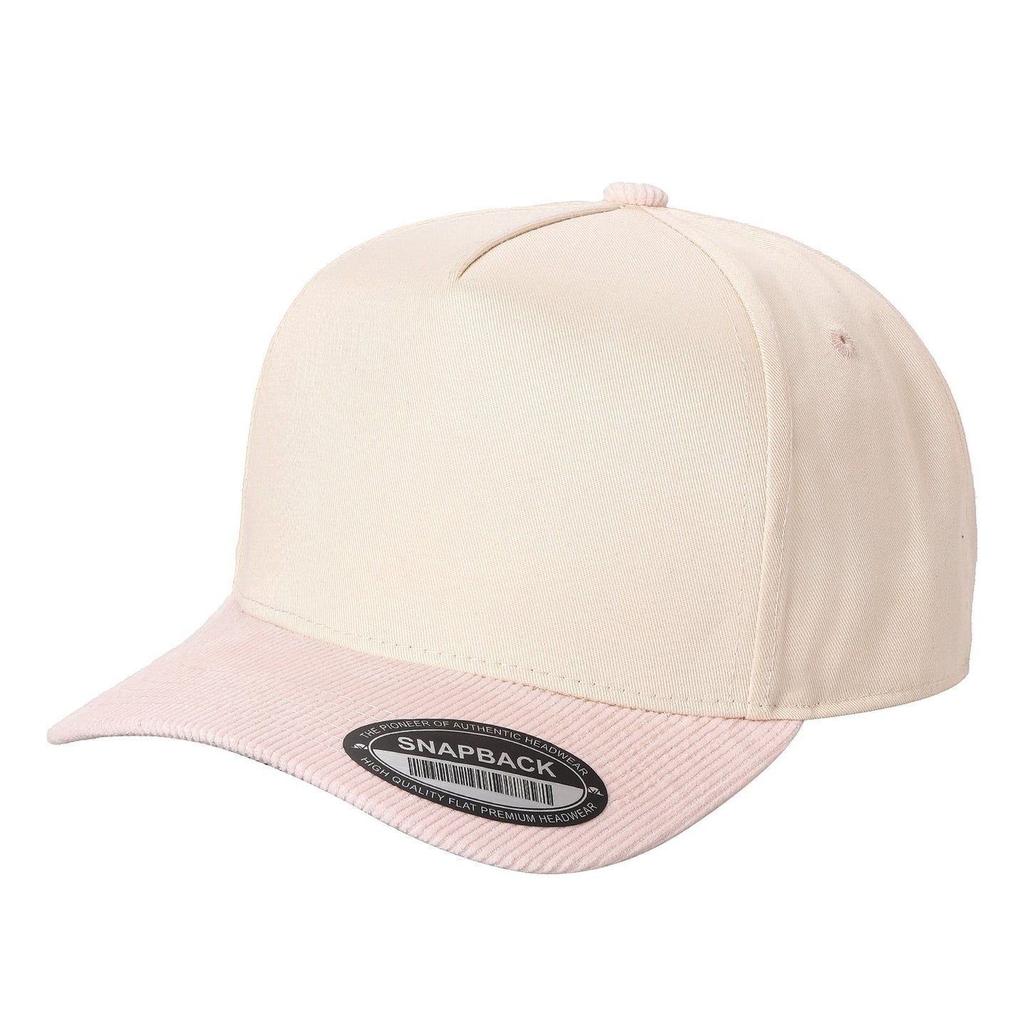 Waycap TCFC Corduroy Bill cap in cream with a pink corduroy flat brim. Features a snapback closure and a classic design.