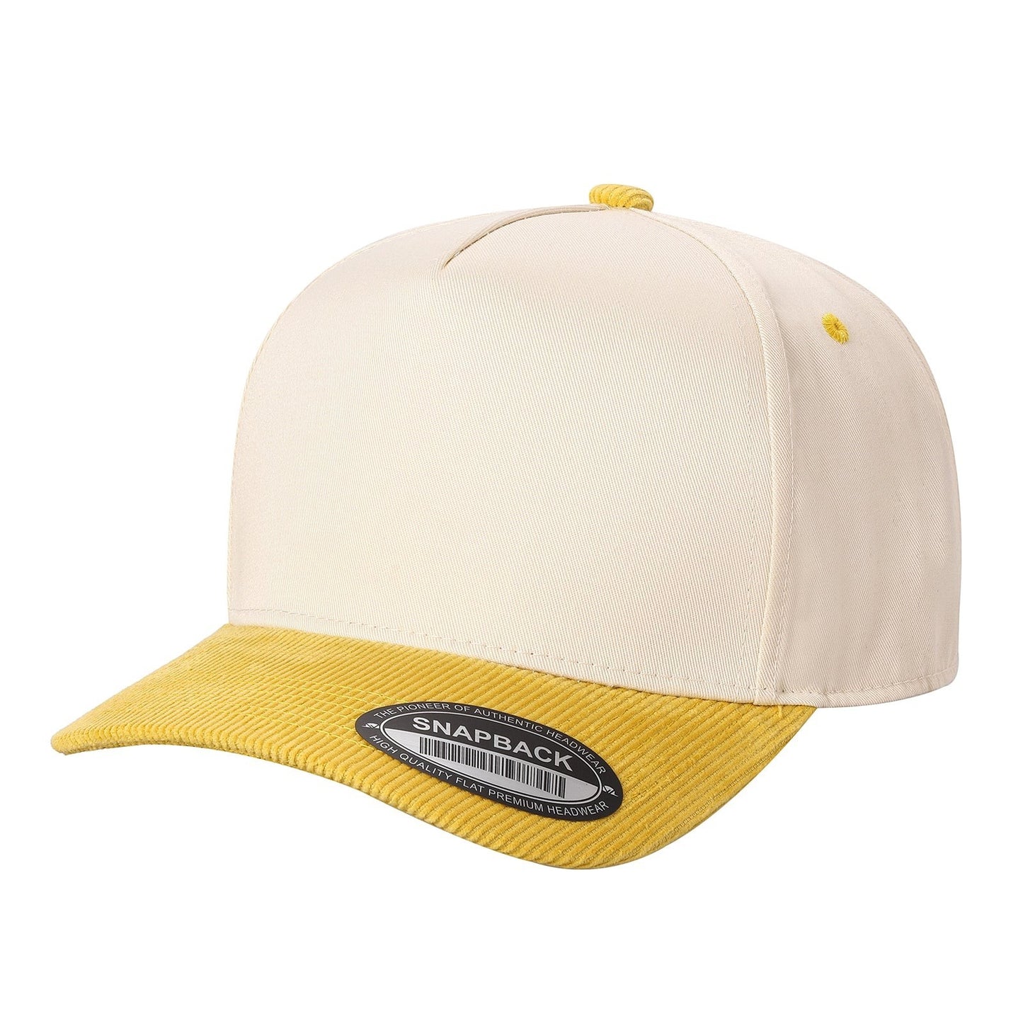 Waycap TCFC Corduroy Bill cap in cream with a yellow corduroy bill and snapback closure.