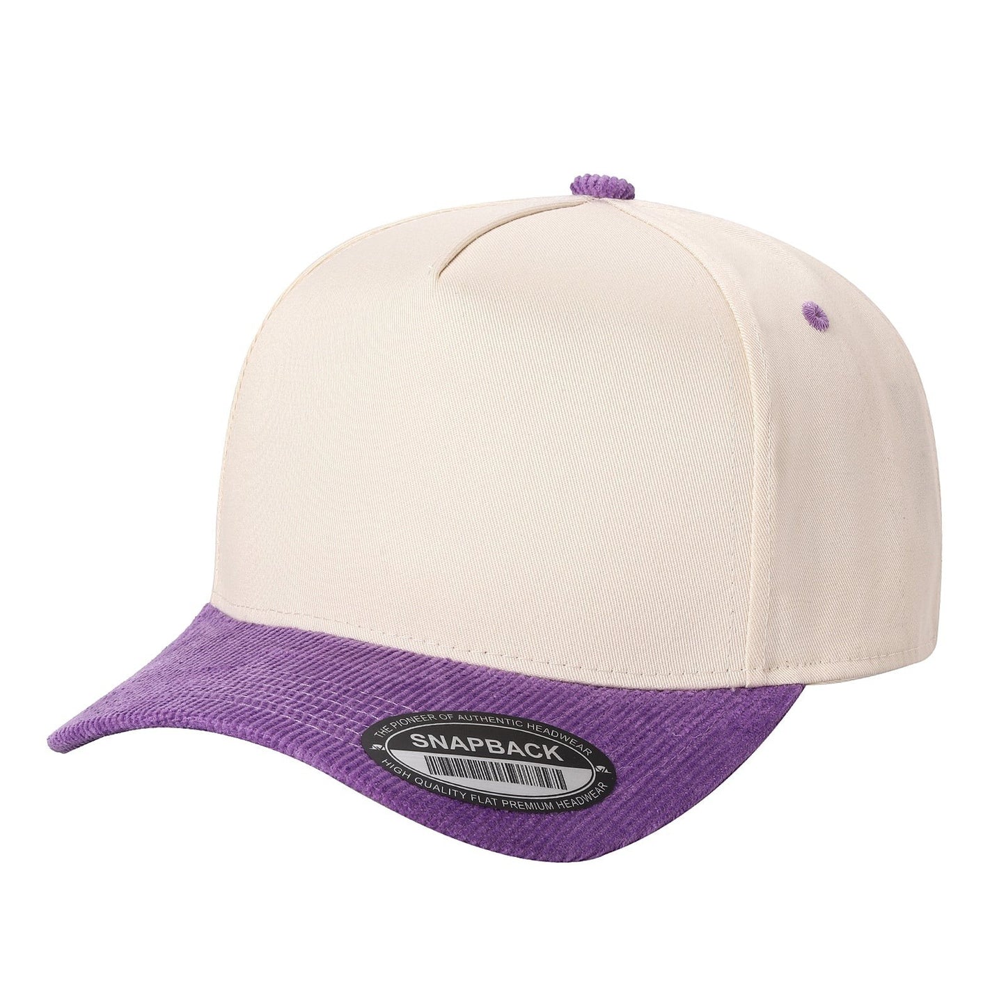 Waycap Corduroy Bill cream and purple snapback cap with flat brim and corduroy texture.
