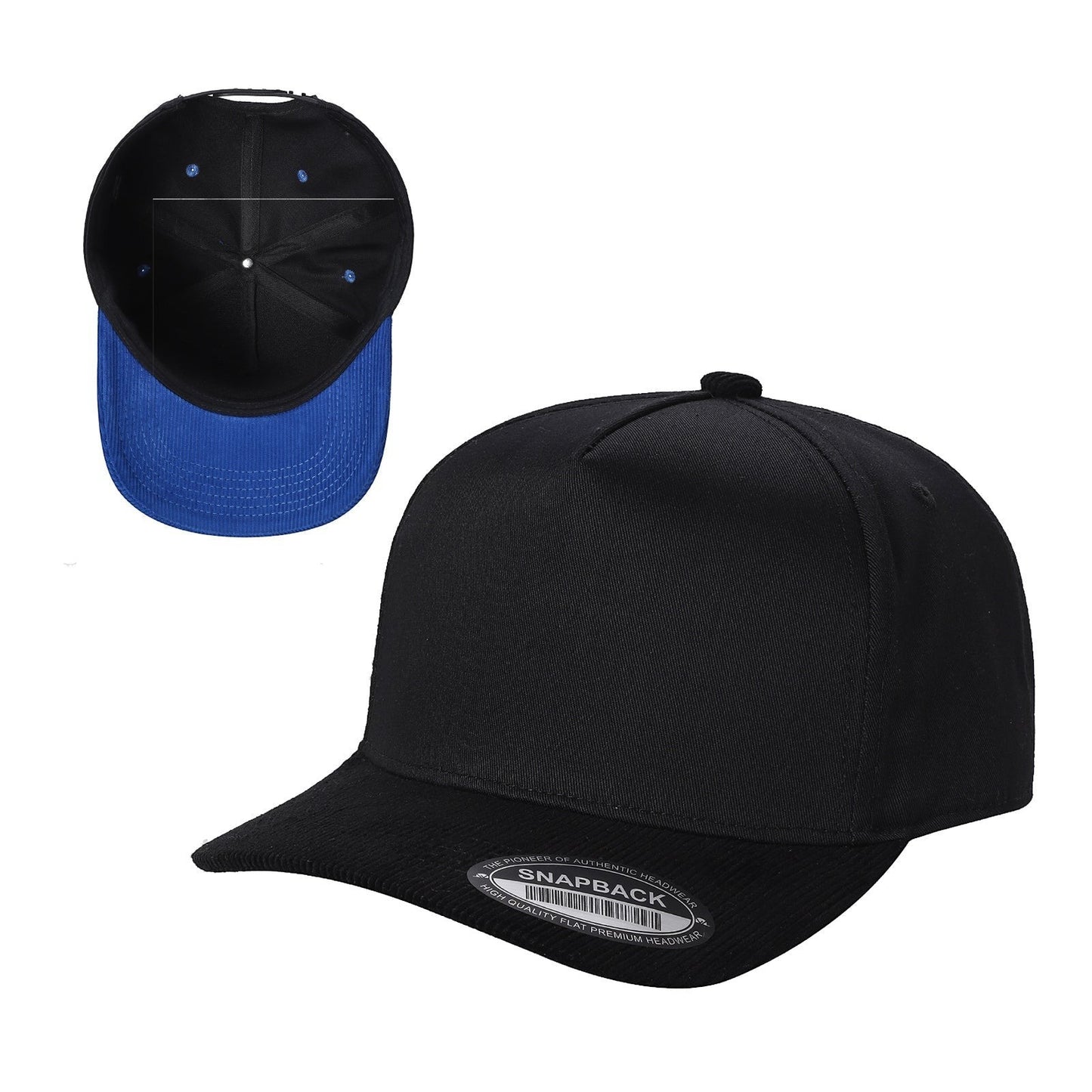 Waycap Corduroy Bill black snapback cap with a contrasting royal blue corduroy bill and flat brim.