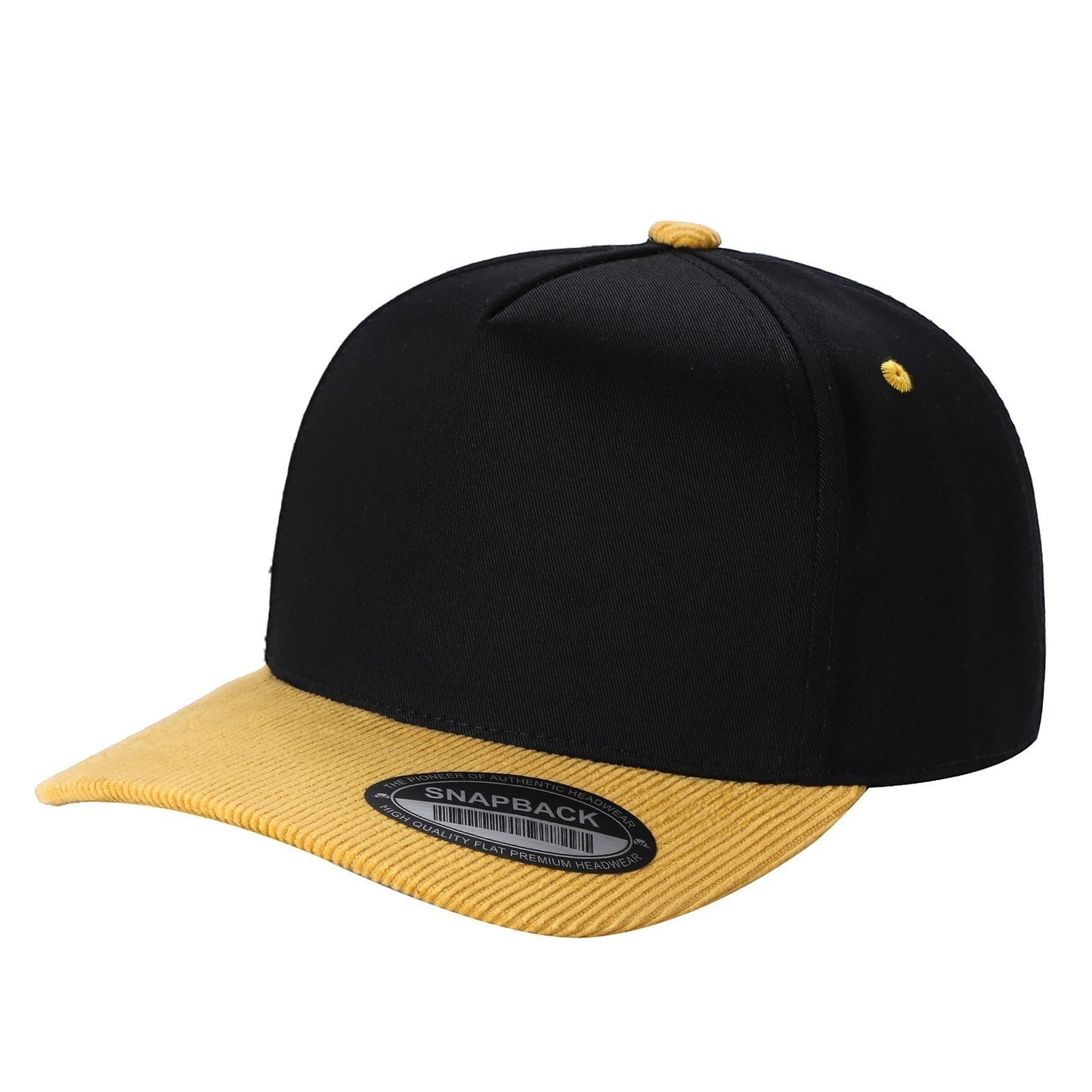 Waycap TCFC Corduroy Bill snapback cap with black crown and yellow corduroy bill. Flat brim, adjustable snapback.