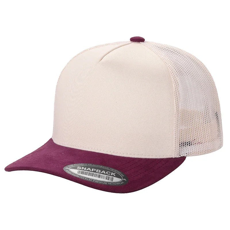 Waycap Mesh Back & Suede Bill trucker hat in cream and burgundy with adjustable snapback closure.